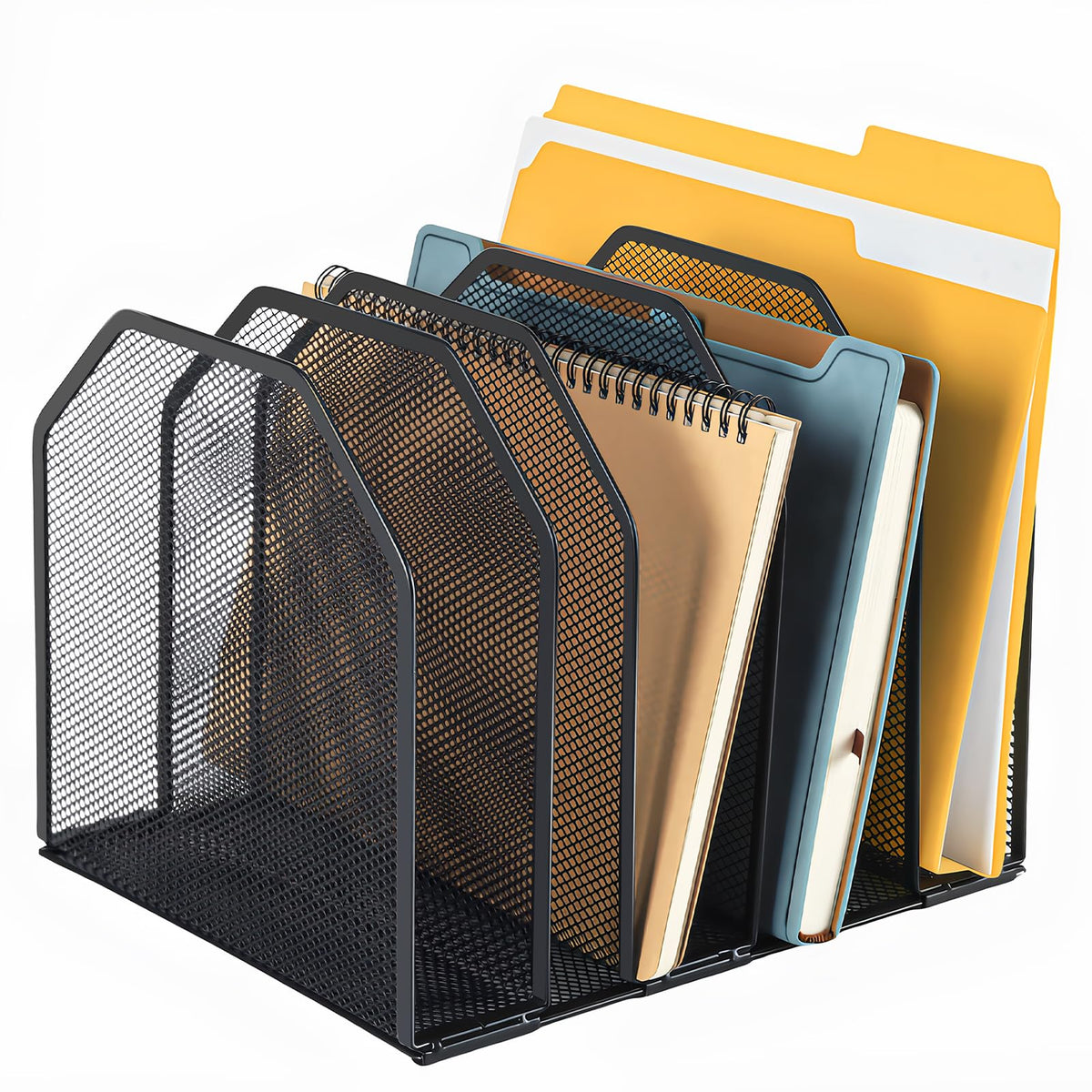 Fucdtefc Desk File Organizer, Adjustable 5 Sections Upright Desktop Organizer File Sorter, Sturdy Metal Mesh Vertical Bookshelf