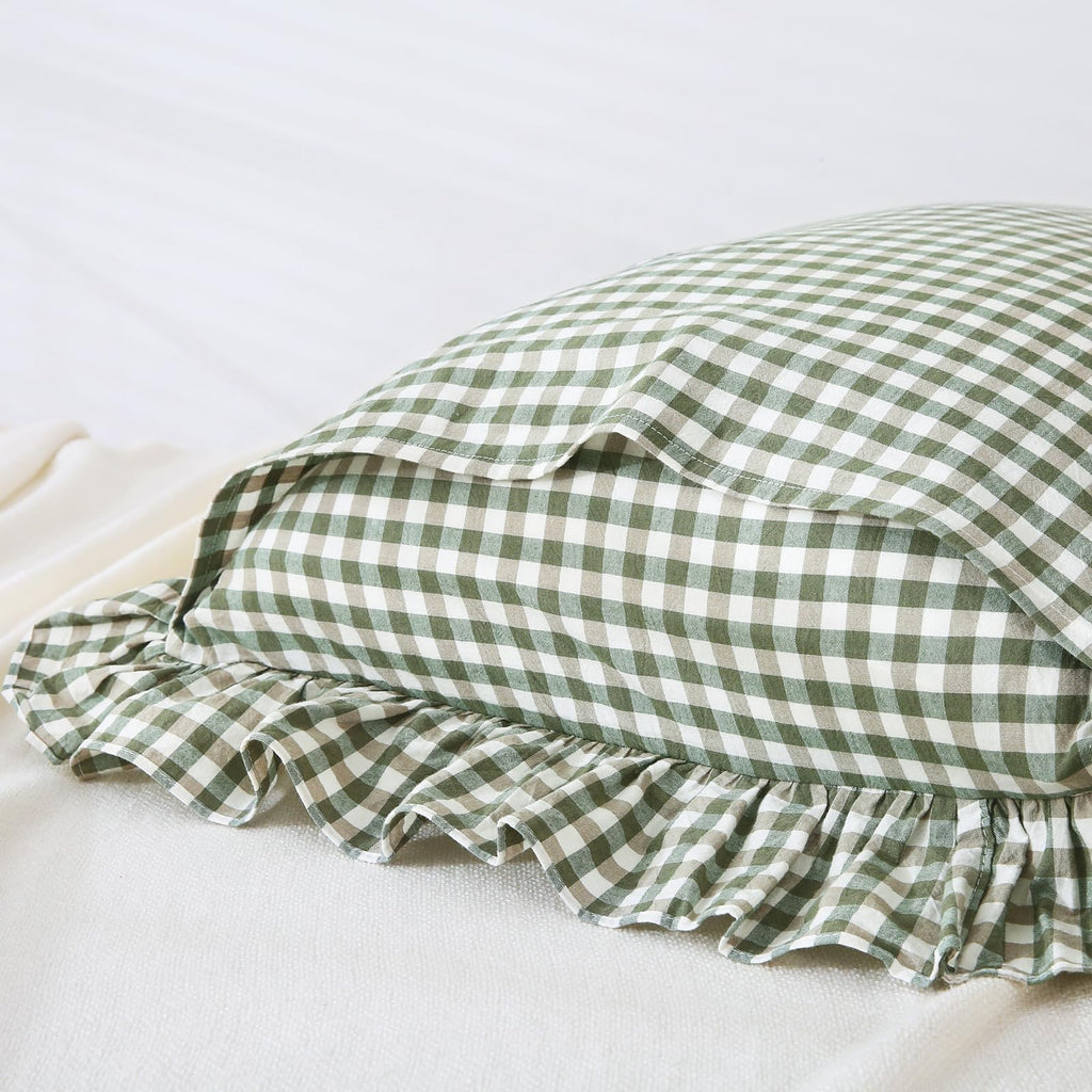 Mywinlle Sage Green Plaid Ruffle Pillow Shams Standard Set Of 2,Vintage Checkered Pillow Cases,Washed Cotton Bed Pillow Covers-2