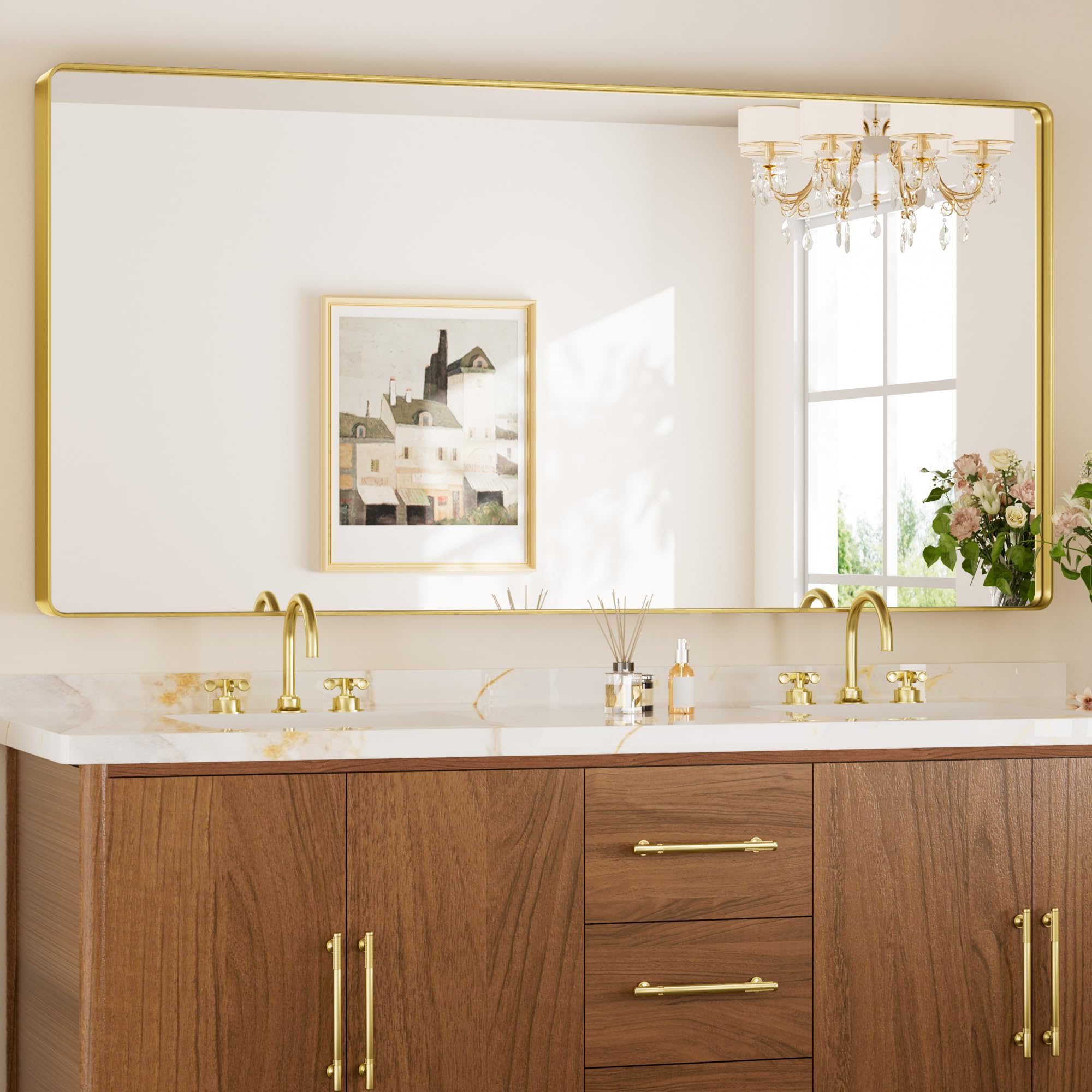 Keonjinn Brushed Gold Mirror for Wall 72 x 36 Inch Large Brass Gold Bathroom Vanity Mirror, Rounded Rectangle Mirror with Shatte