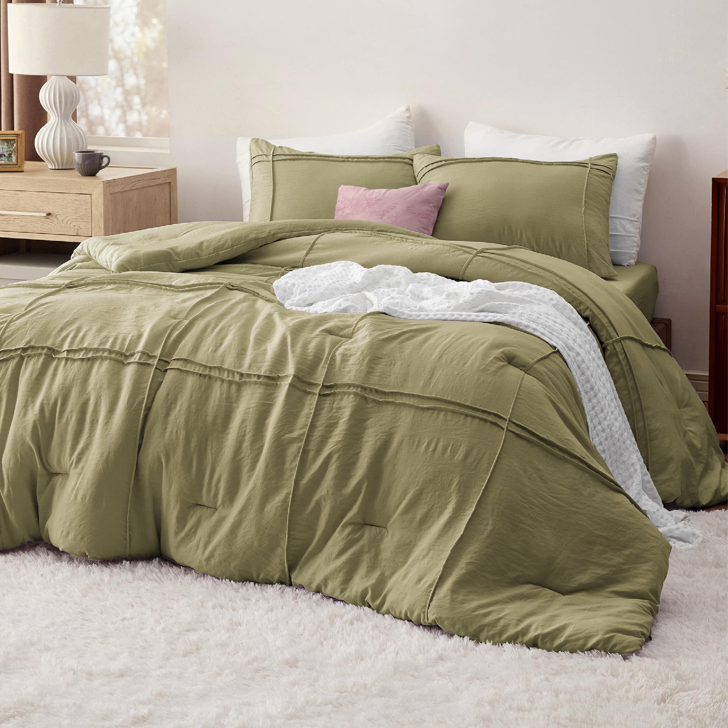 Bedsure Queen Comforter Set With Sheet - 4 Pieces Soft Olive Green Bedding Sets, Grid Pinch Pleat, All Season Lightweight Fluffy Bed Set With Solid Boho Comforter, Pillowcases & Sheet