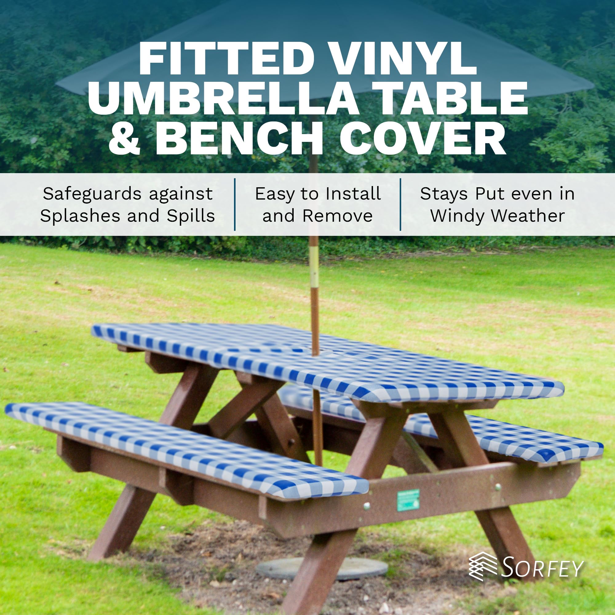 Sorfey Vinyl Umbrella Round Fitted Tablecloth Cover, Checkered Design, Flannel Backed Lining 30 Inch, Blue