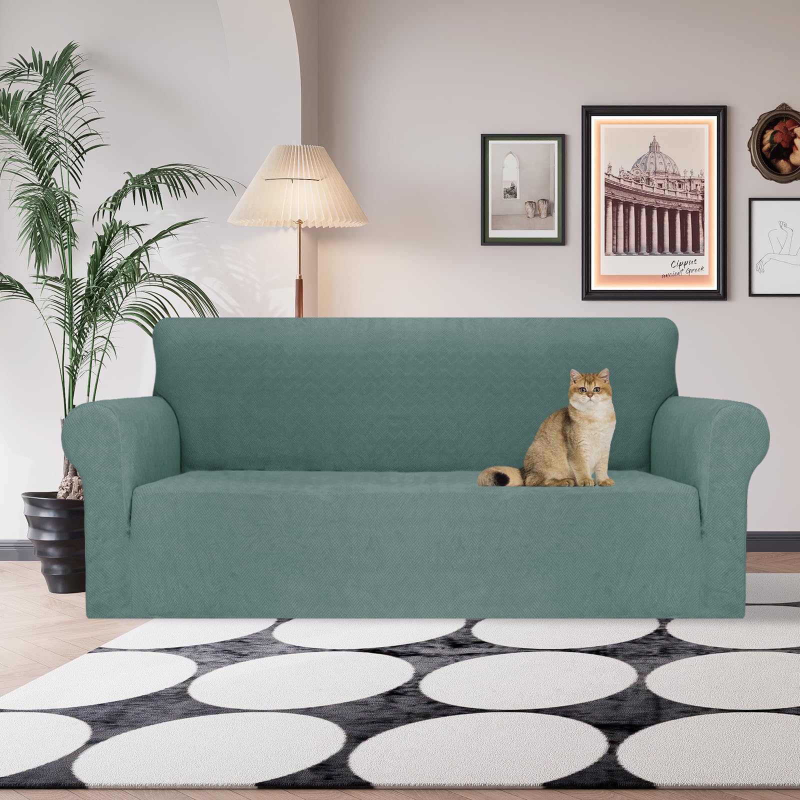 Jiviner Stretch Sofa Covers 1 Piece Couch Covers For 3 Cushion Couch Sofa, 3 Seater Sofa Slipcovers Furniture Protector With Elastic Bottom For Kids, Pets (Pea Green, Sofa)