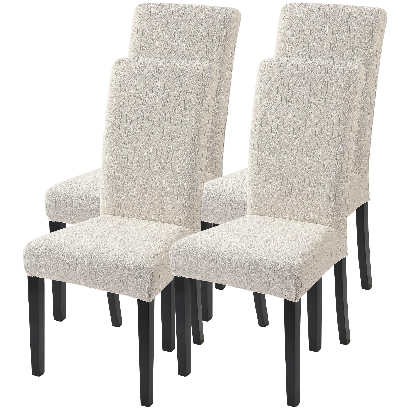 Searchi Jacquard Dining Room Chair Covers Set Of 4, Stretch Kitchen Chair Covers Washable Parsons Chair Slipcover Removable Dining Chair Protectors For Hotel,Ceremony(Beige Floral Texture)
