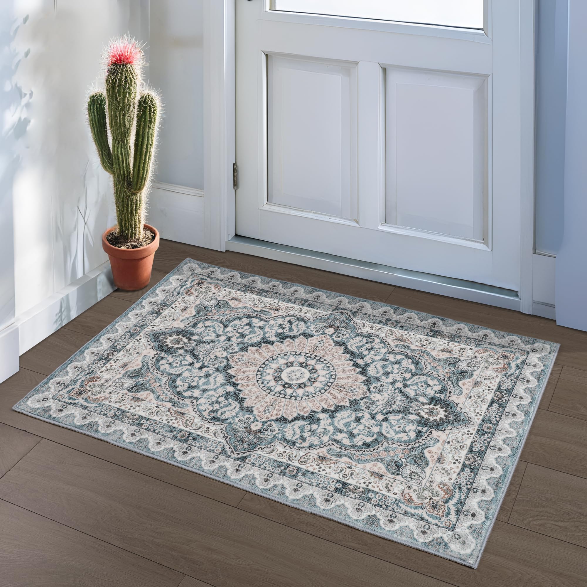 Foxmas Small Rugs for Entryway 2x3 Feet, Non-Slip Doormat Indoor Entrance Vintage Washable Area Rug, Low Pile Throw Rugs for Ent