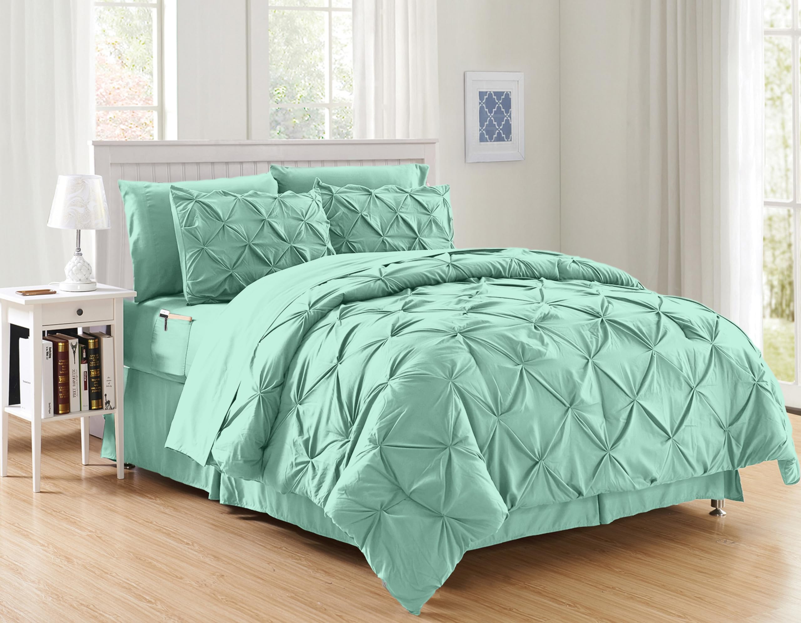 Elegant Comfort Luxury Softest, Coziest 8-Piece Bed-In-A-Bag Comforter Set - Silky Soft Complete Set Includes Bed Sheet Set With Double Sided Storage Pockets, Full/Queen, Mint Green