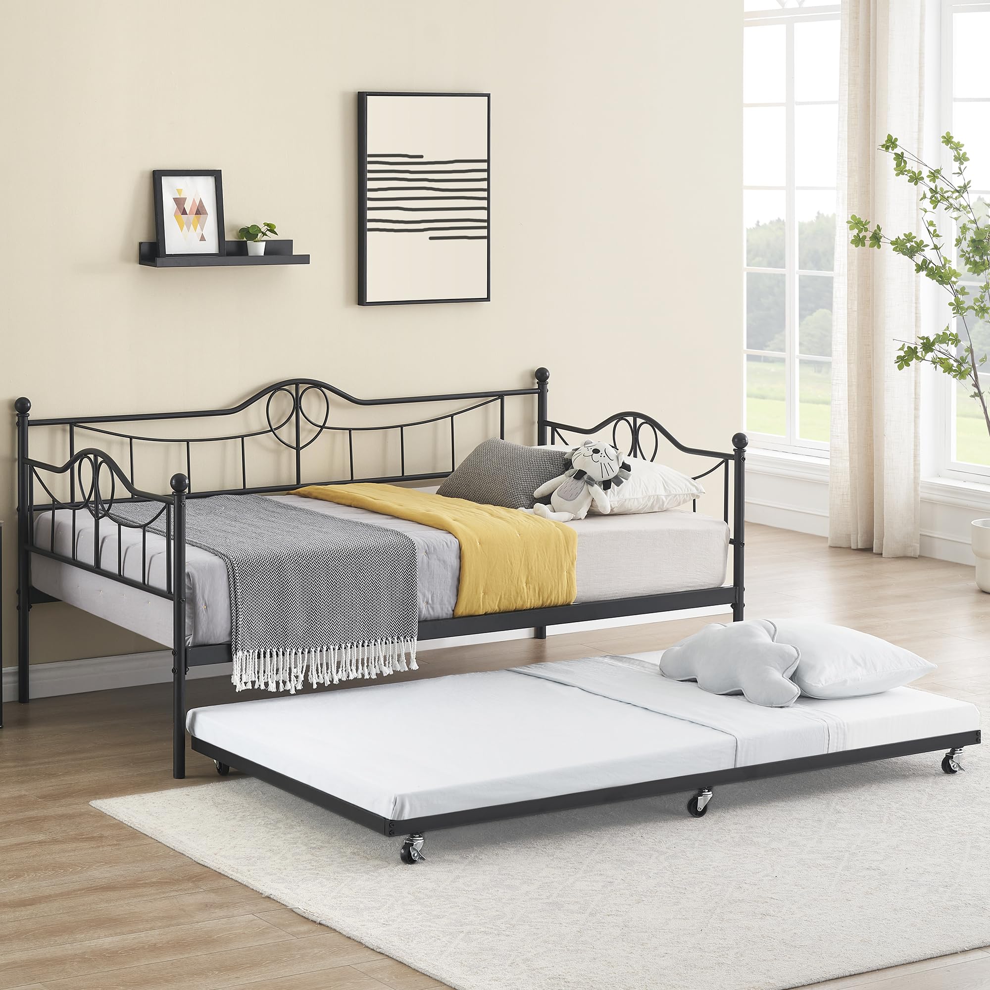 GAOMON Twin Day Bed with Trundle Bed Twin, Metal Daybed with Trundle, Daybed with Trundle Bed Frame, Steel Slat Support Sofa Bed