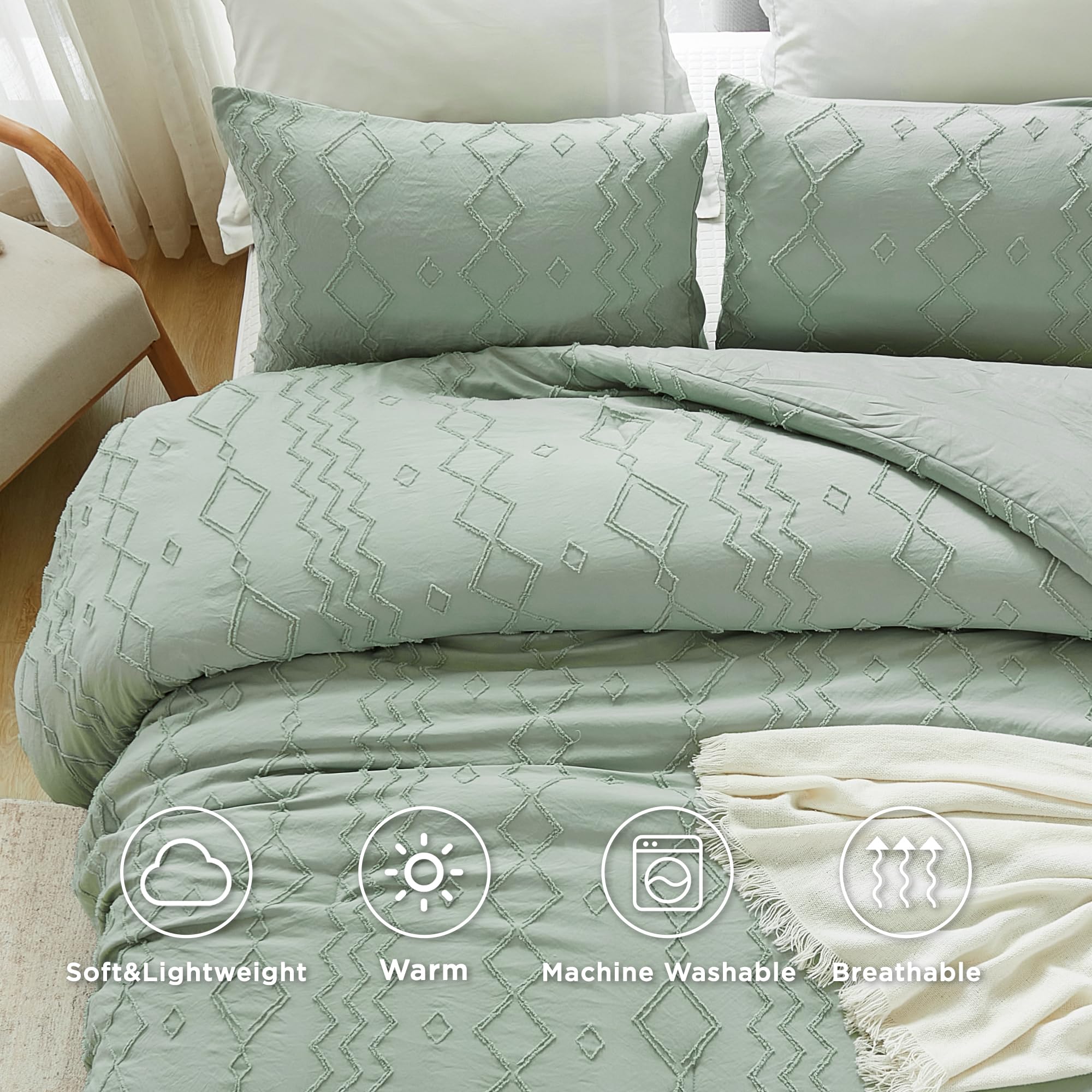 Andency Sage Green Tufted Comforter Set Queen(90X90Inch), 3 Pieces(1 Tufts Comforter, 2 Pillowcases) Boho Textured Farmhouse Comforter, Microfiber Down Alternative Geometric Comforter Bedding Set