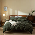 Dark Green Duvet Cover Queen, 100% Washed Cotton Linen Like Textured 3 Pieces Bedding Set, Solid Color Simple Style Luxury Relax