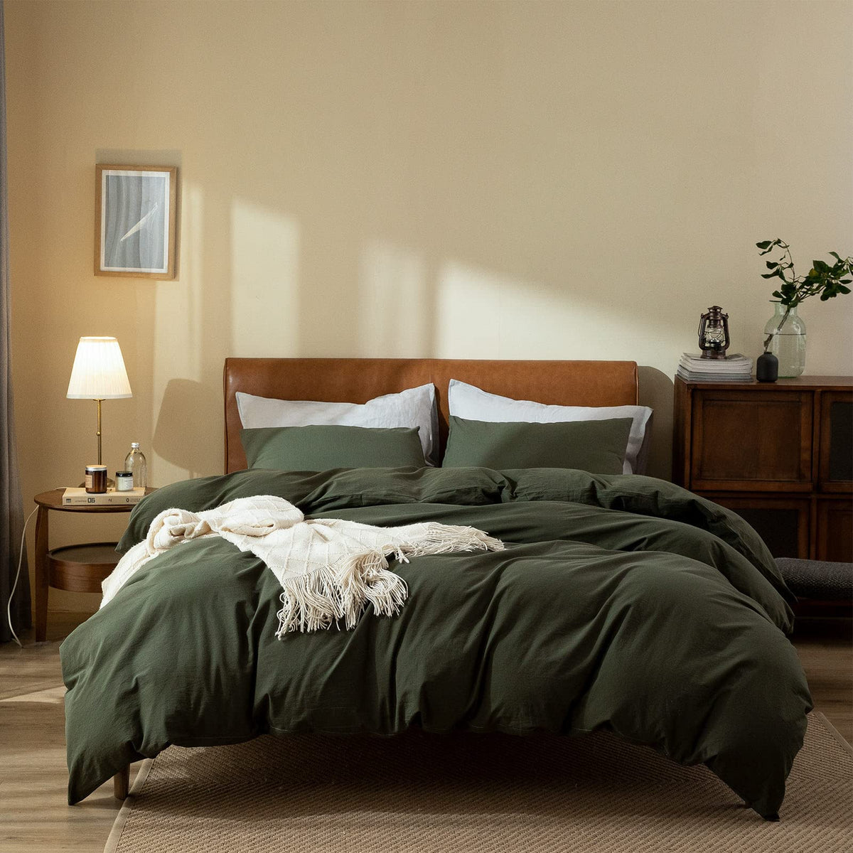 Dark Green Duvet Cover King, 100% Washed Cotton Linen Like Textured Solid Color Casual Modern Dark Green Bedding Set, With Zippe