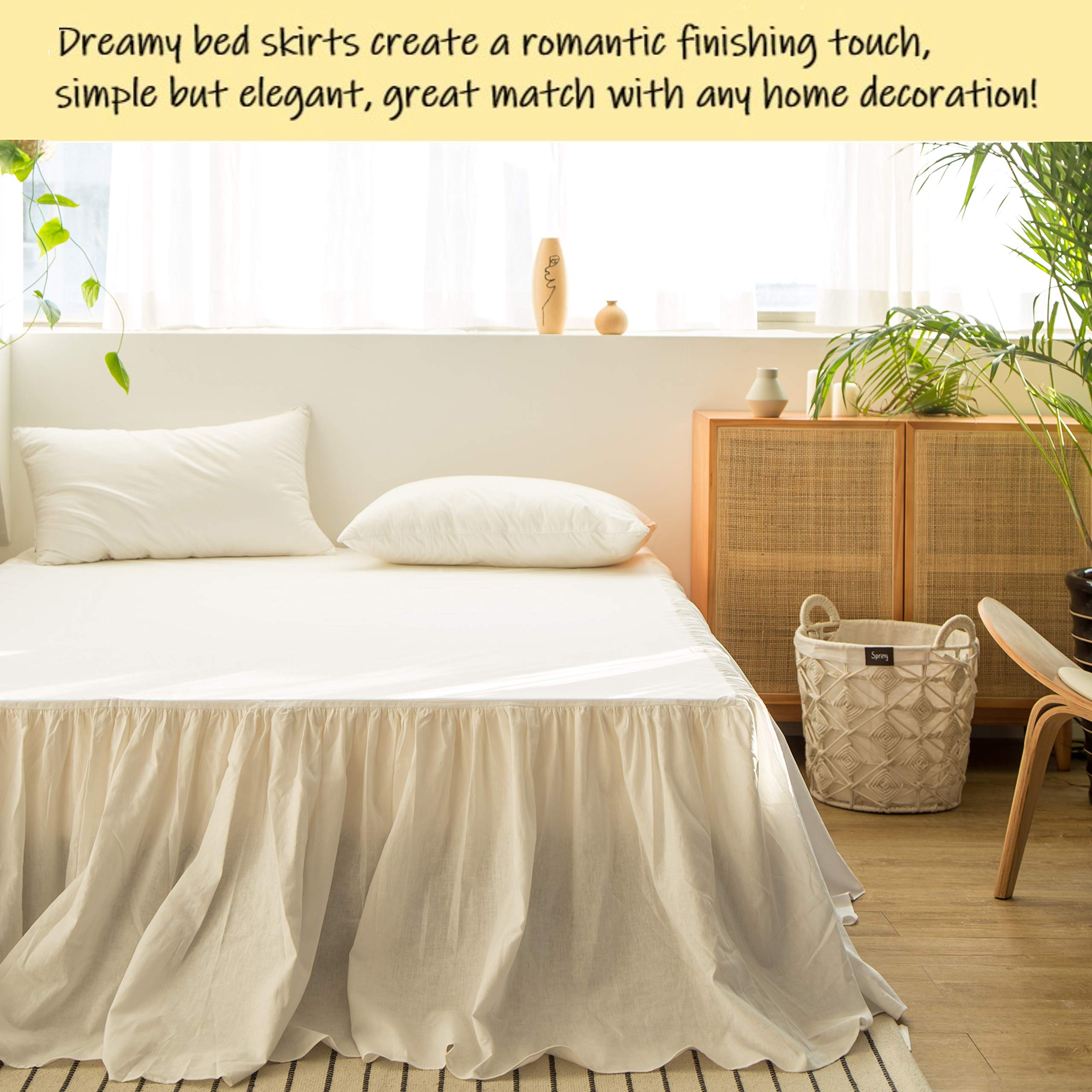 Biselina French Linen Bed Skirt With Pleated Frills 22-Inch Tailored Drop Natural Flax Cotton Blend Dust Ruffle Soft Cozy Farmho