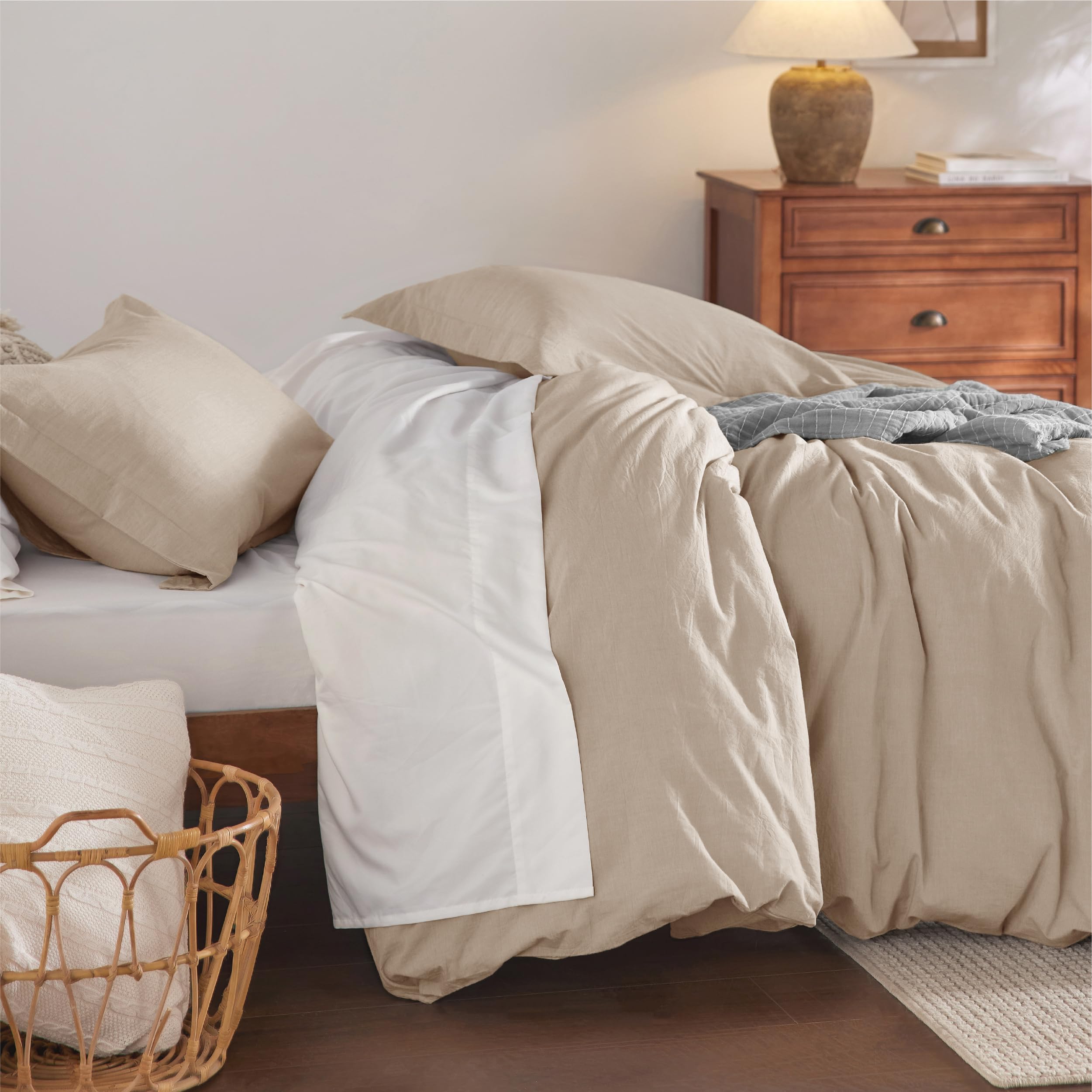 Bedsure 100% Washed Cotton Duvet Cover Queen - Beige Minimalist Cotton Duvet Cover Set Linen Like - 3 Pieces Gentlesoft™ Plain Simple Bedding Set With 2 Pillow Shams (Beige, Queen, 90'X90')