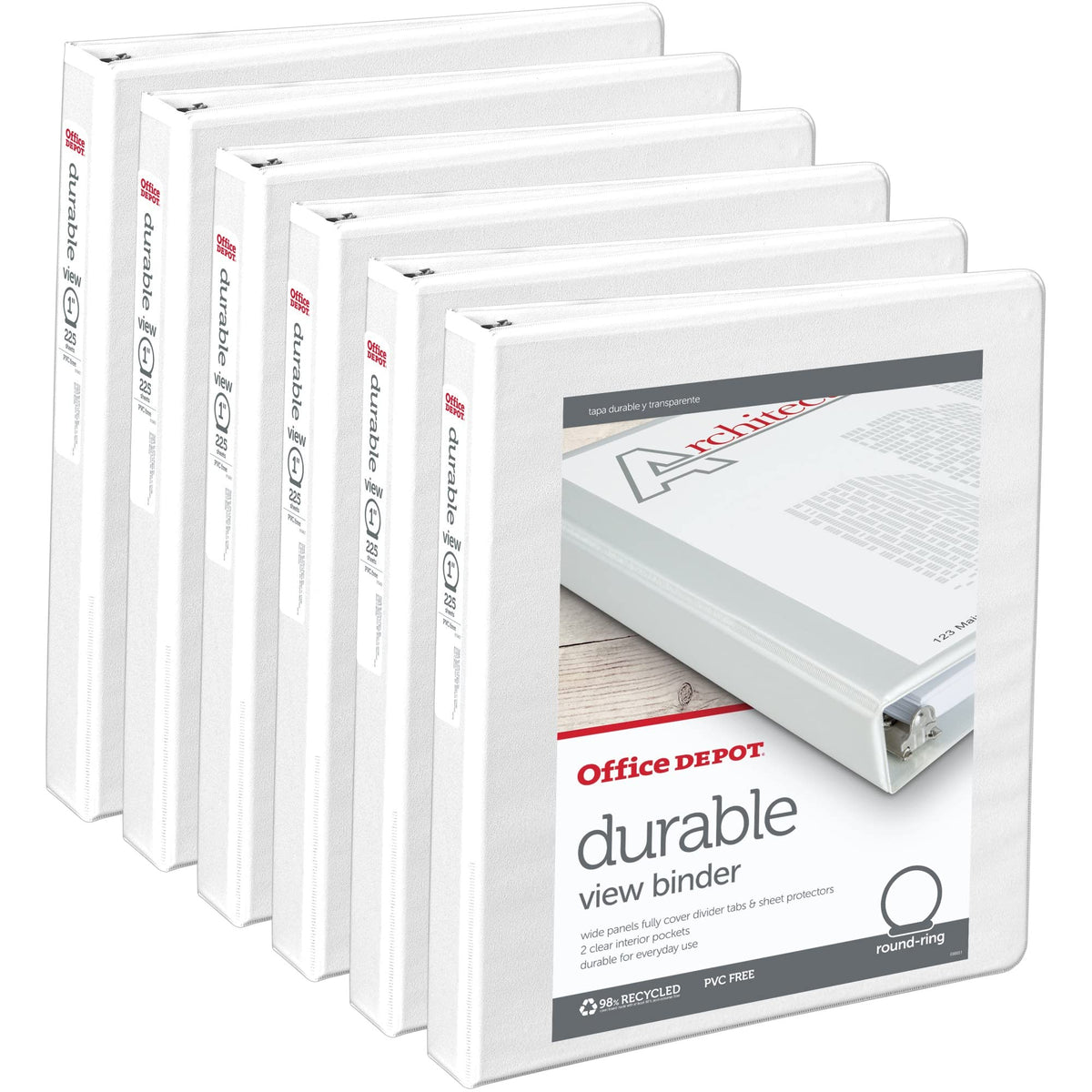 Office Depot Brand Durable Round-Ring View Binders, 1' Rings, White, Pack Of 6 Binders
