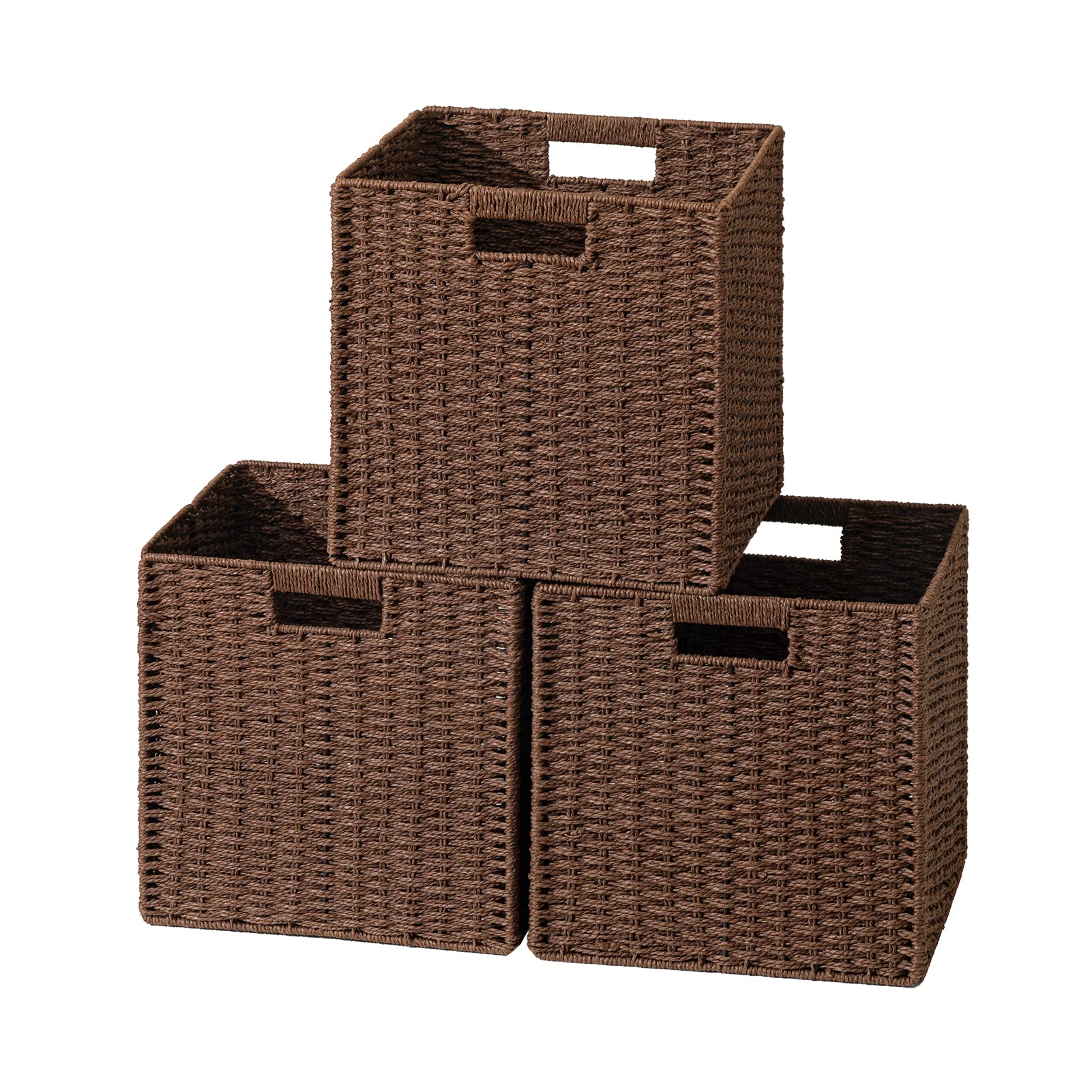 UBBCARE 3 Pack Wicker Basket, 11.8L  11.8H  11W inch Woven Paper Rope Storage Baskets for shelves, Foldable Cube Storage bin wit