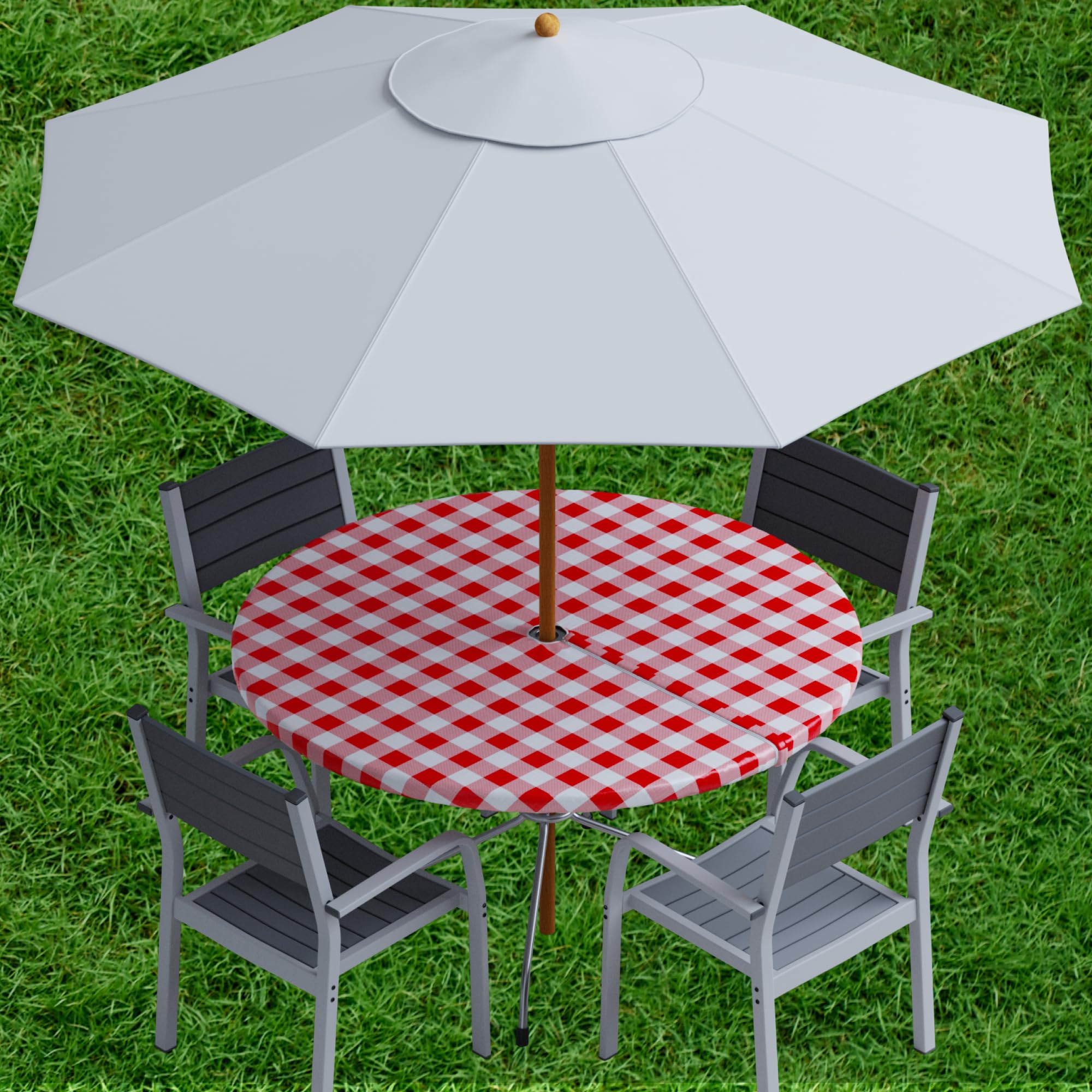 Sorfey Vinyl Umbrella Round Fitted Tablecloth Cover, Checkered Design, Flannel Backed Lining 60 Inch, Red