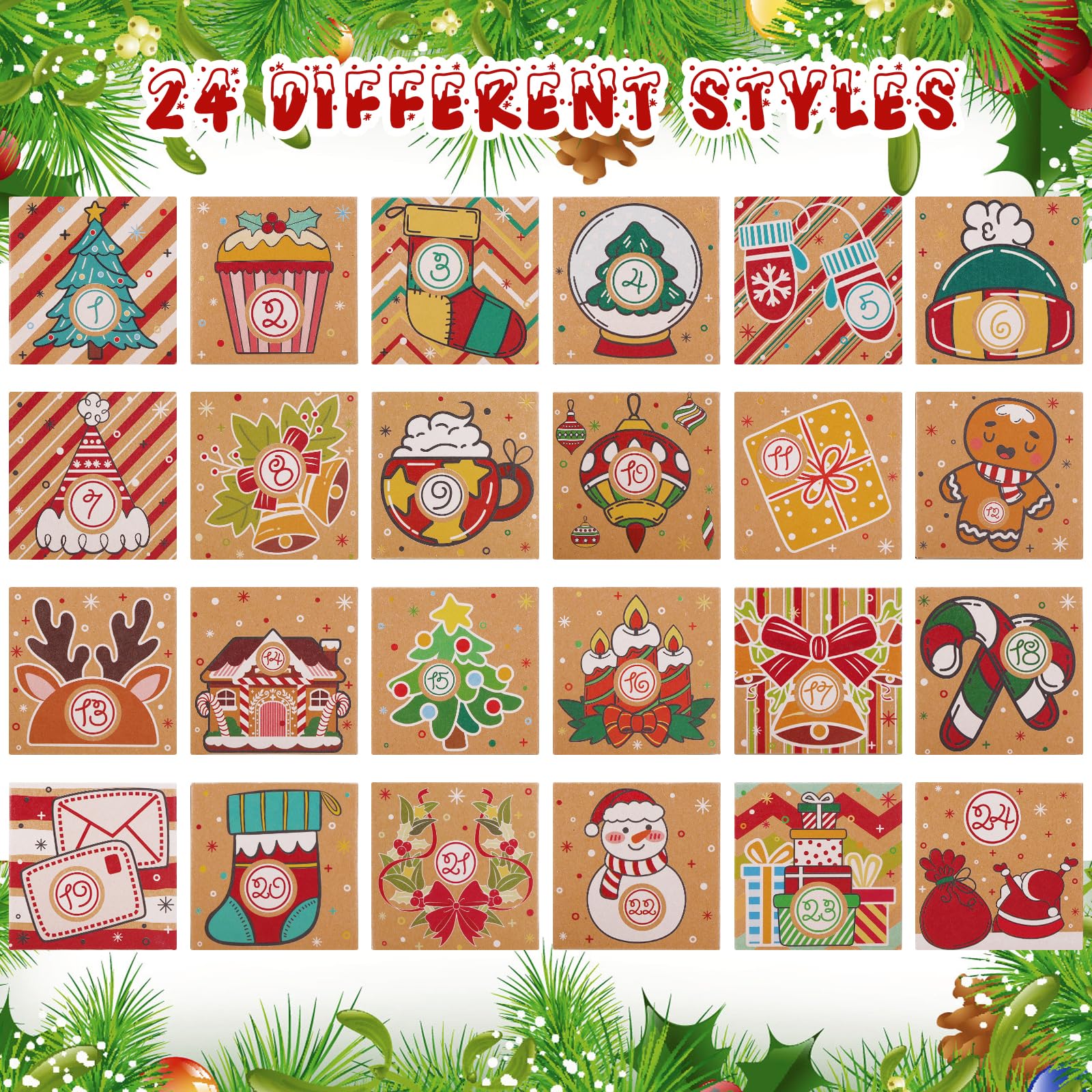 Phogary Diy Christmas Advent Calendar Boxes, 24 Days Kraft Paper Advent Gift Boxes Christmas Countdown Calendar Boxes Fillable A