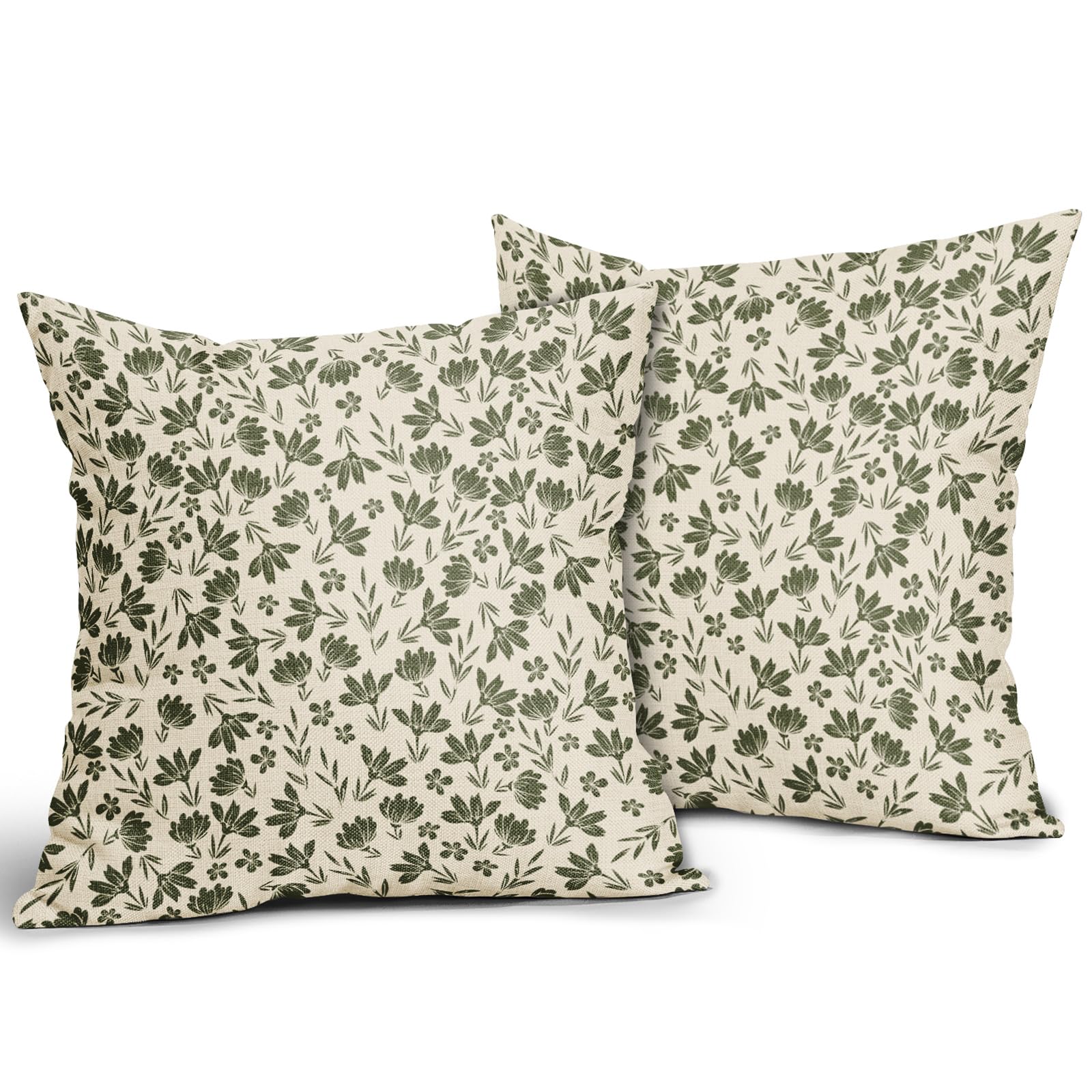 Olive Green Floral Pillow Covers 18X18 Set Of 2 Vintage Rustic Old Style Cute Small Flower Green Cream Print Decorative Outdoor