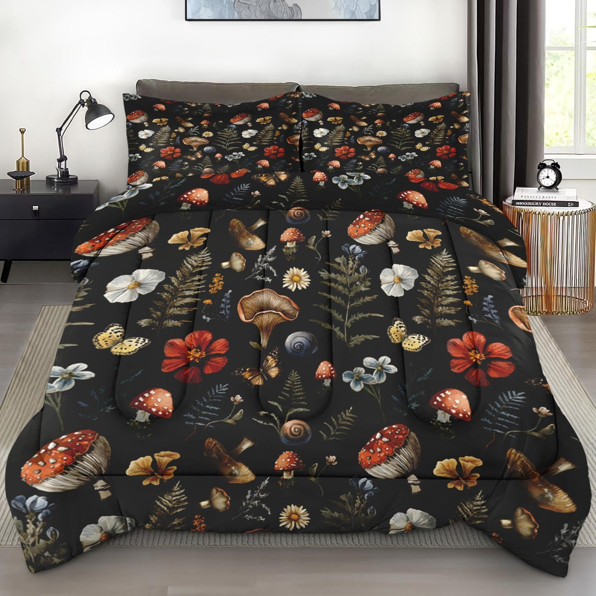 Pamnest Comforter Set Queen Size, Vintage Woodland Mushroom Soft 3 Pcs Bedding For Kids And Adults, Fern Plants Botanical Comfor