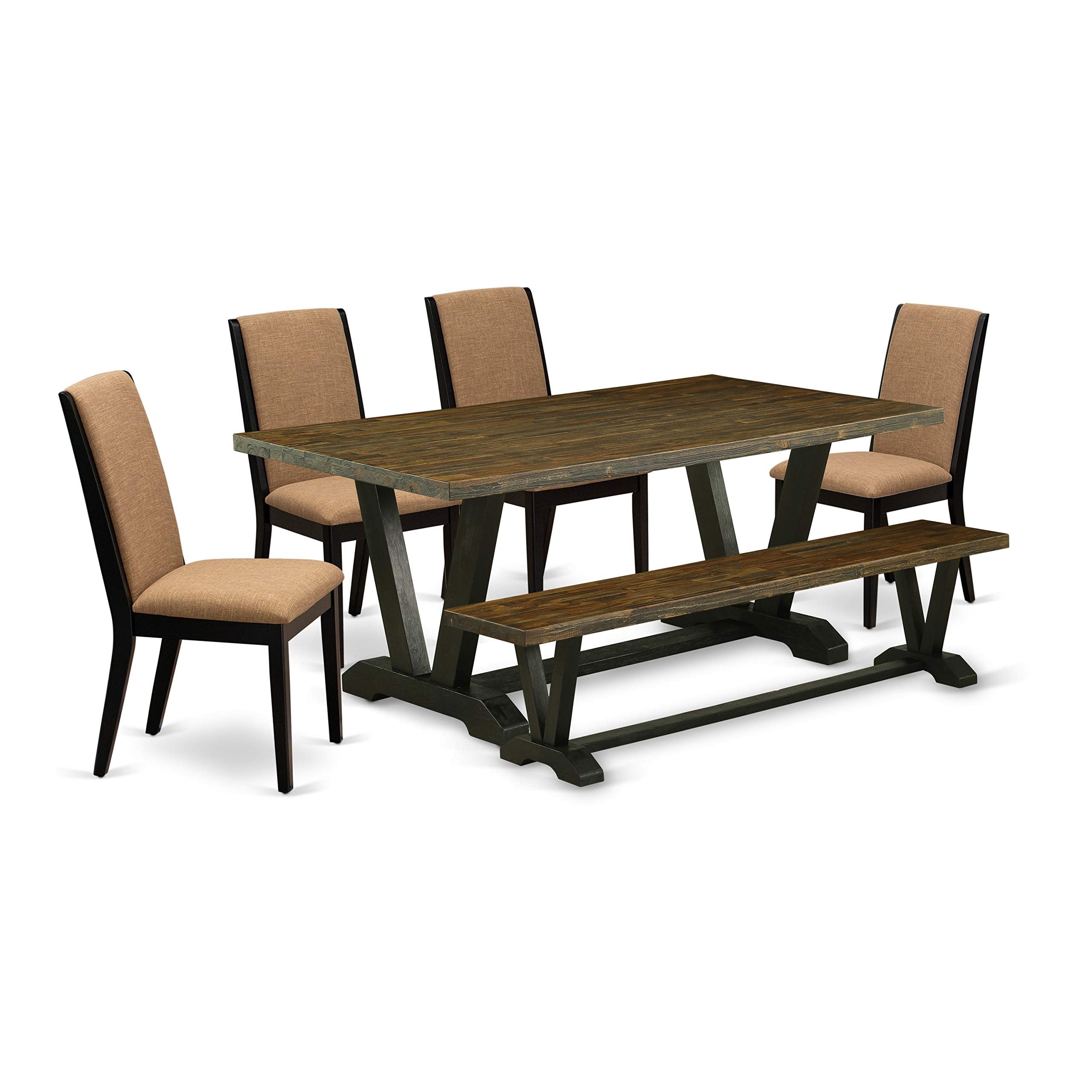 East West Furniture V-Style 6 Piece Set Contains A Rectangle Dining Room Table And 4 Light Sable Linen Fabric Parson Chairs With A Bench, 40X72 Inch, Multi-Color