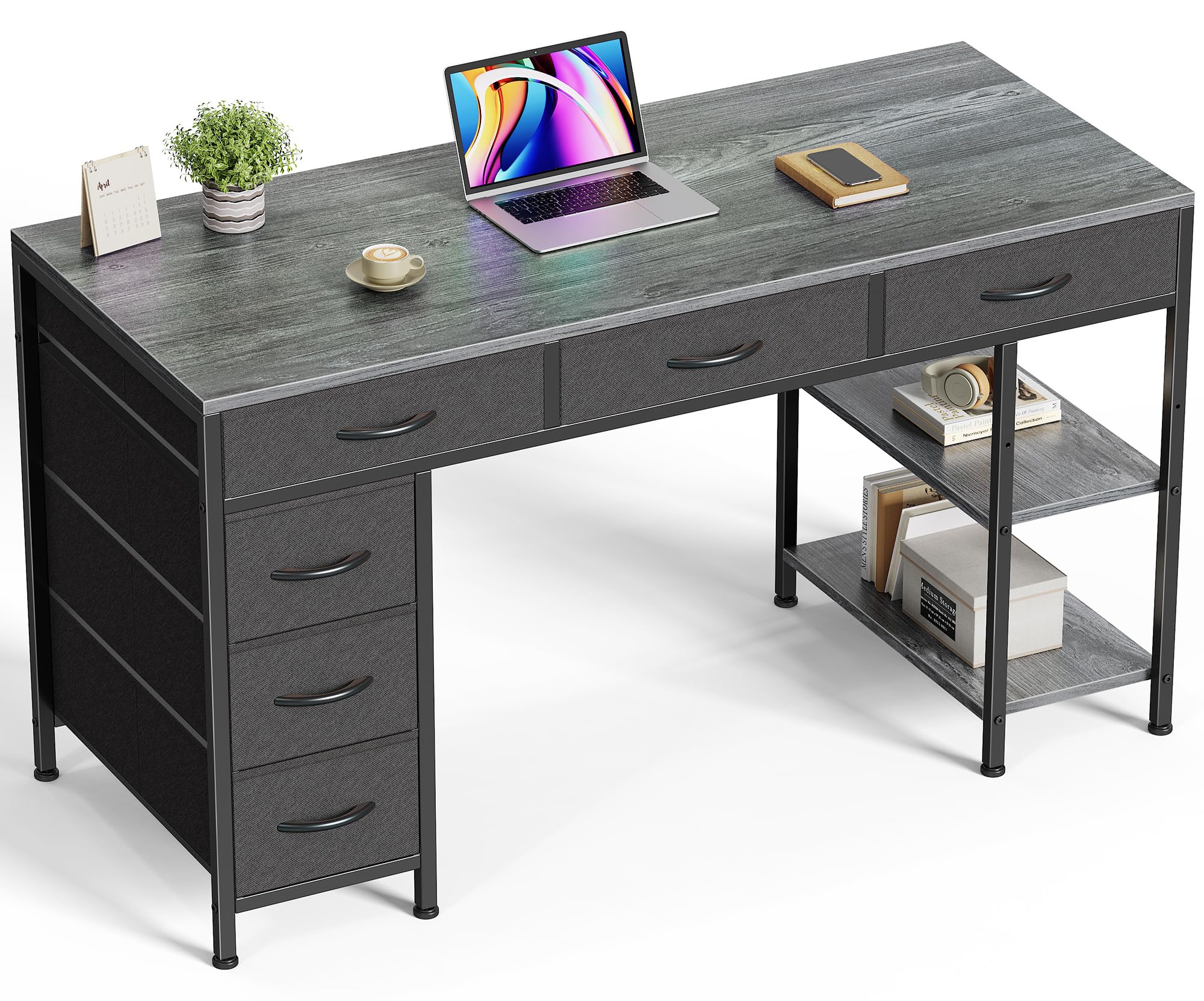 Huuger Computer Desk With 6 Drawers, 47 Inch Office Desk With Shelves, Reversible Gaming Desk, Corner Desk With Storage, Work Desk For Home Office, Study, Living Room, Gray