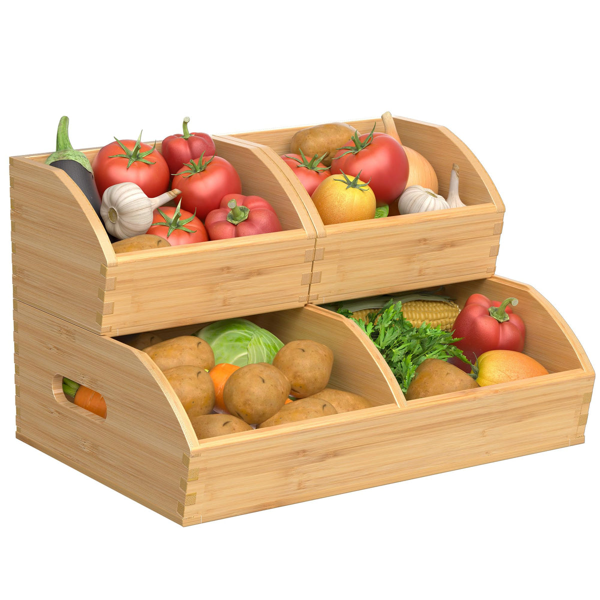 Potato and Onion Storage Bin, Stackable Pantry Organizers for Kitchen Countertop, Ventilated Bamboo Storage Baskets with Handles