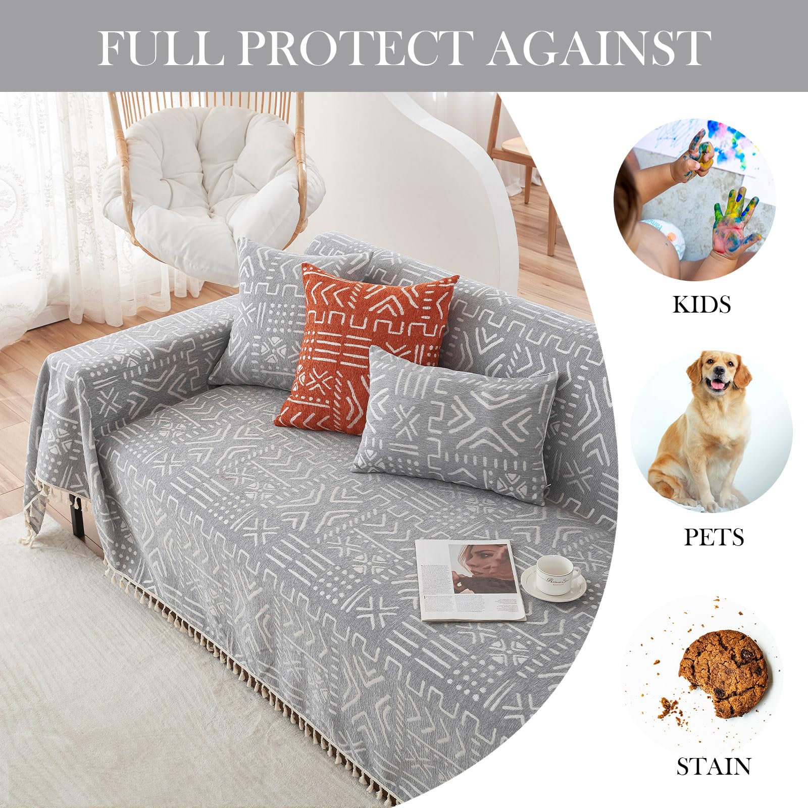 Handontime Bohemian Couch Cover For Dogs Aztec Tribal Sofa Covers For 3 Cushion Couch Aesthetic Couch Slipcover Chenille Sofa Seat Cover Pet Universal Loverseat Cover Futon Cover 71' X118', Grey/White