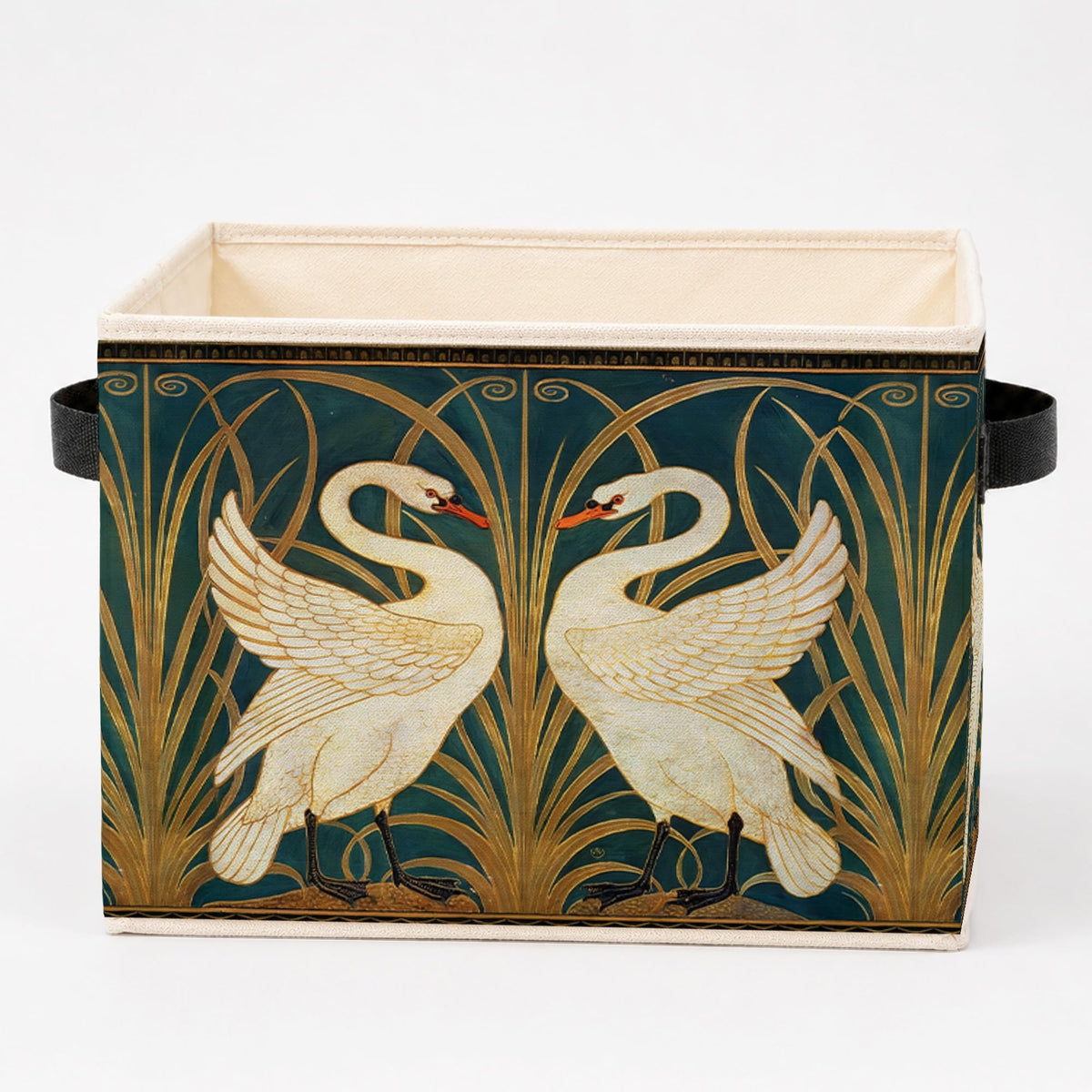 SAMKEIDOI Vintage Swan Botanical Storage Bins with Handles, Gold and Green Art Nouveau Plant Bird Collapsible Clothes Toys Books