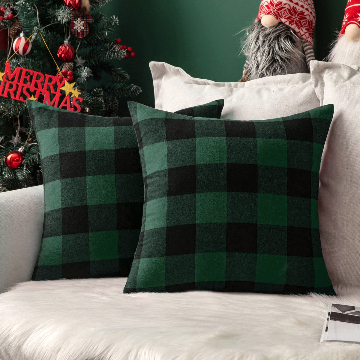 Miulee Pack Of 2 Christmas Classic Retro Checkers Plaids Polyester Linen Soft Solid Green And Black Decorative Throw Pillow Cove