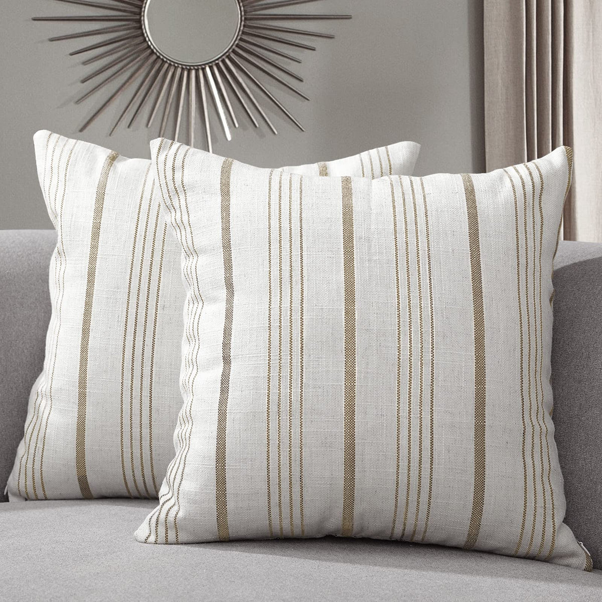 Sunlit Decorative Farmhouse Throw Pillow Case, Set Of 2 Creamoff-White With Light Brown Stripes Modern Accent Square Pillow Cove