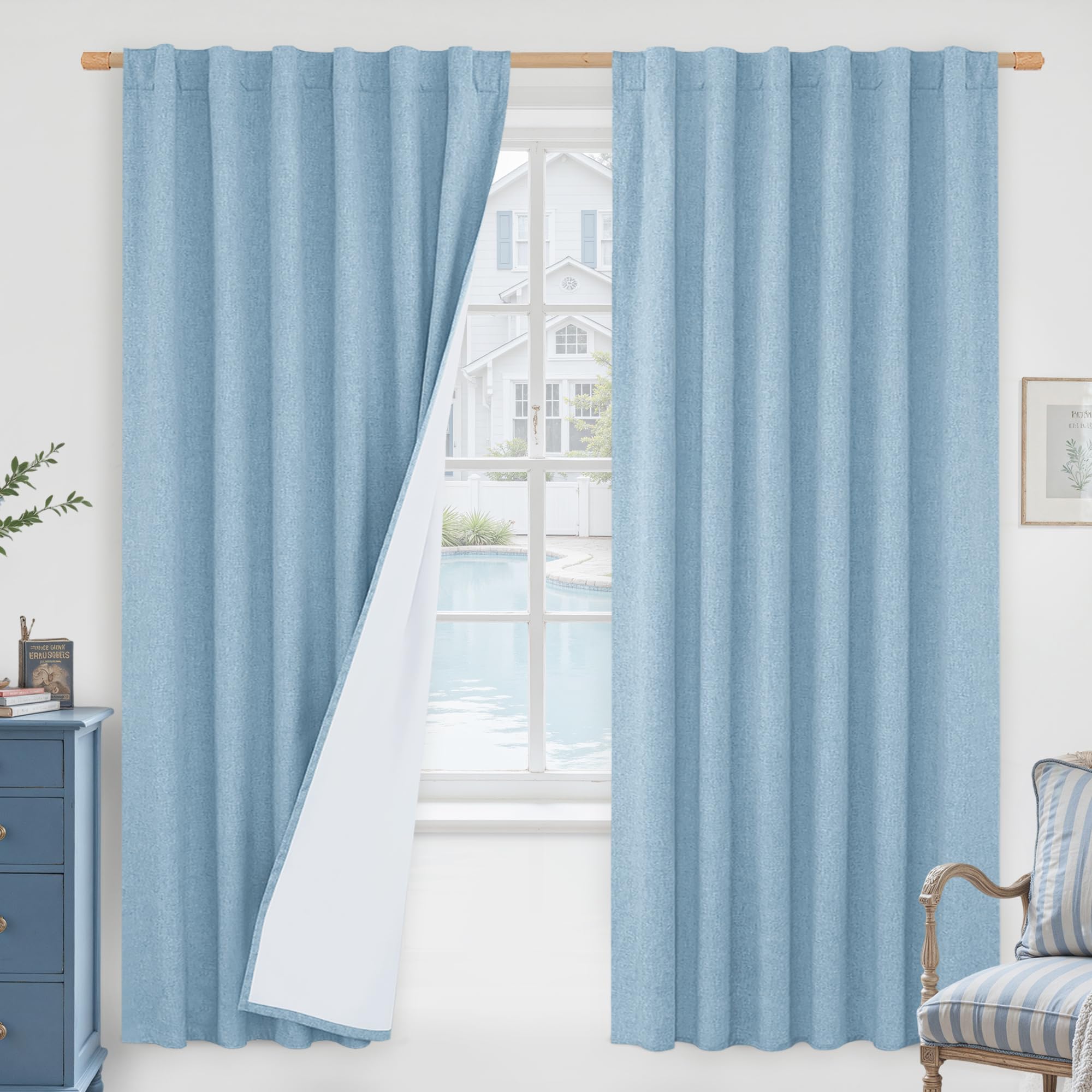 LAMIT 100% Blackout Linen Curtains, 72 Inches Linen Textured Thermal Bedroom Curtains Back Tab and Rod Pocket Neutral Panels wit