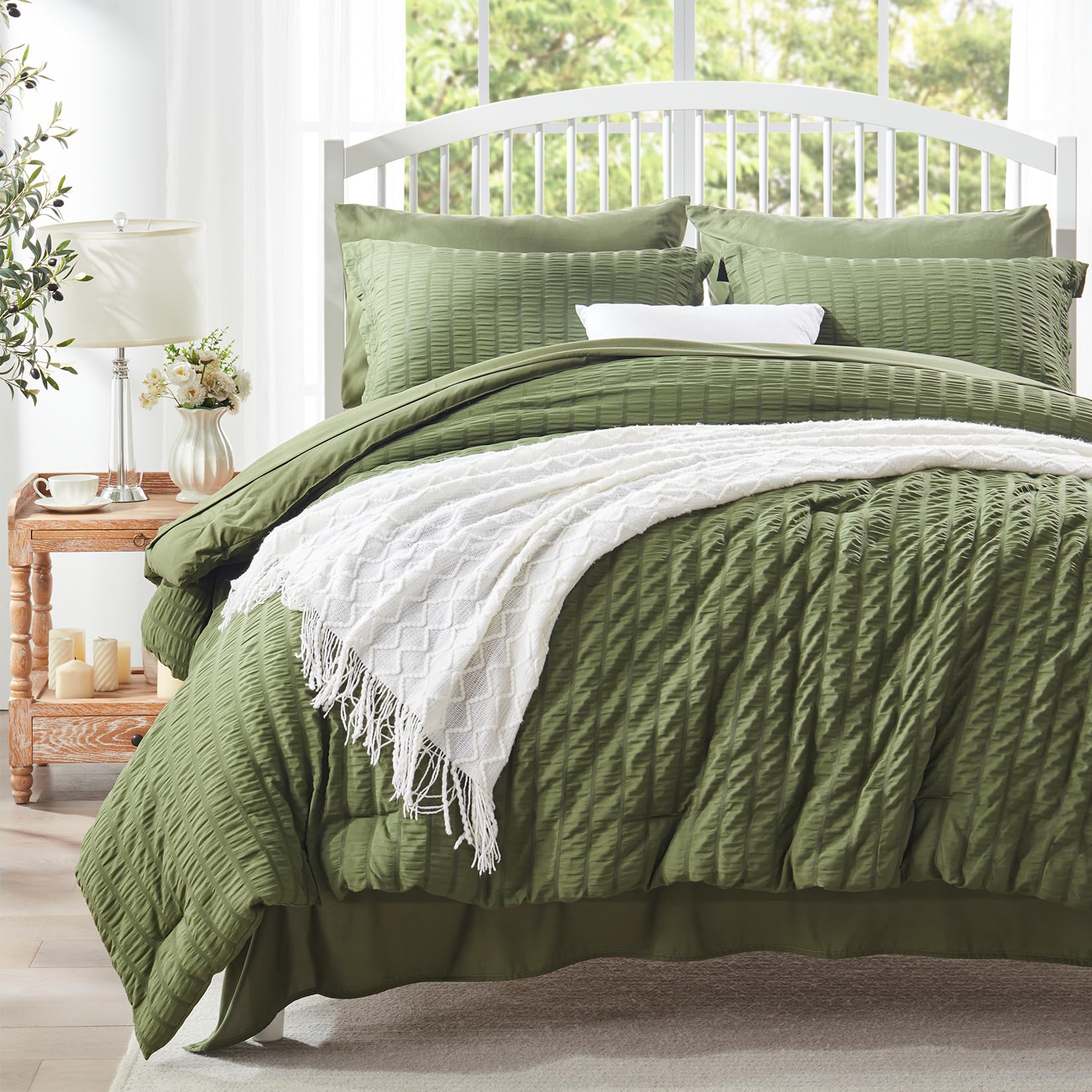 Zzlpp Queen Comforter Set 7 Pieces, Olive Green Seersucker Bed In A Bag With And Sheets, All Season Bedding Sets 1 Comforter, 2