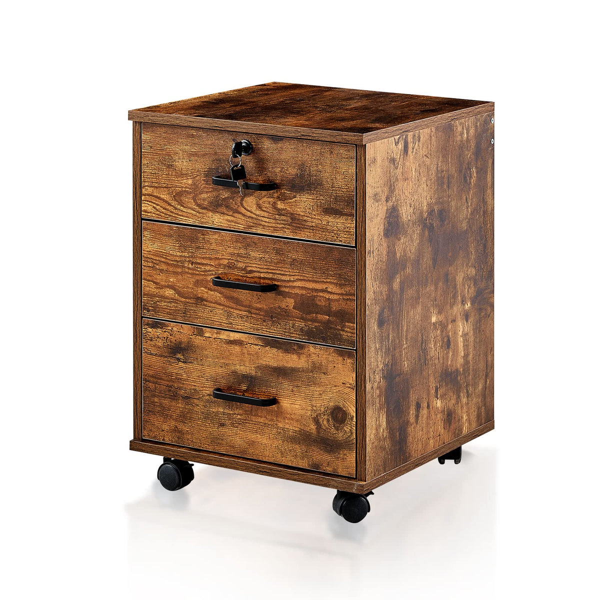 Tukailai Mobile File Cabinet With 3 Drawers, Lockable Storage Unit Wooden Rolling Office Filing Cabinet With Wheels, For Legal/Letter/A4 Sized Documents Home Office (Rustic Brown 1Pcs)