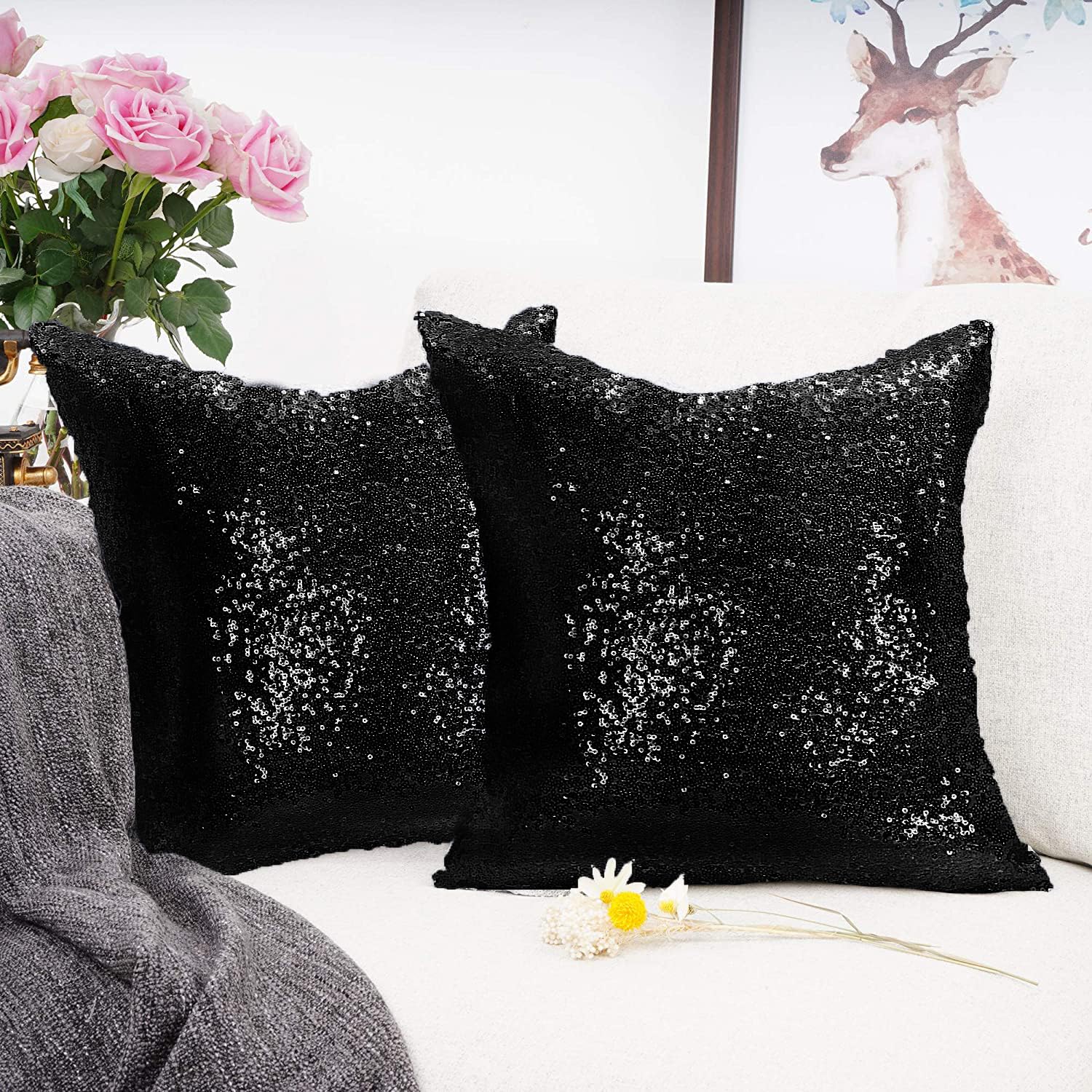 ShinyBeauty Black Pillow Covers Decorative Throw Pillow Sofa Pillow Covers 20x20-Inches Black Pillow Cases Set of 2 Pillow Cover