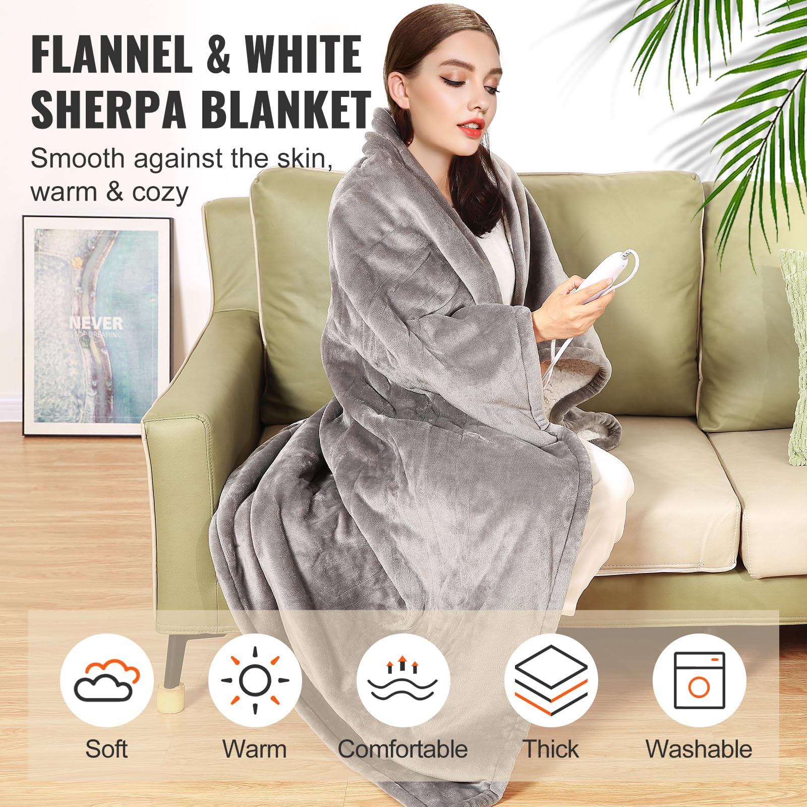 Vevor Heated Blanket Electric Throw, 50'' X 60'' Twin Size, Soft Flannel & Sherpa Heating Blanket With 3 Hours Timer Auto-Off, 5