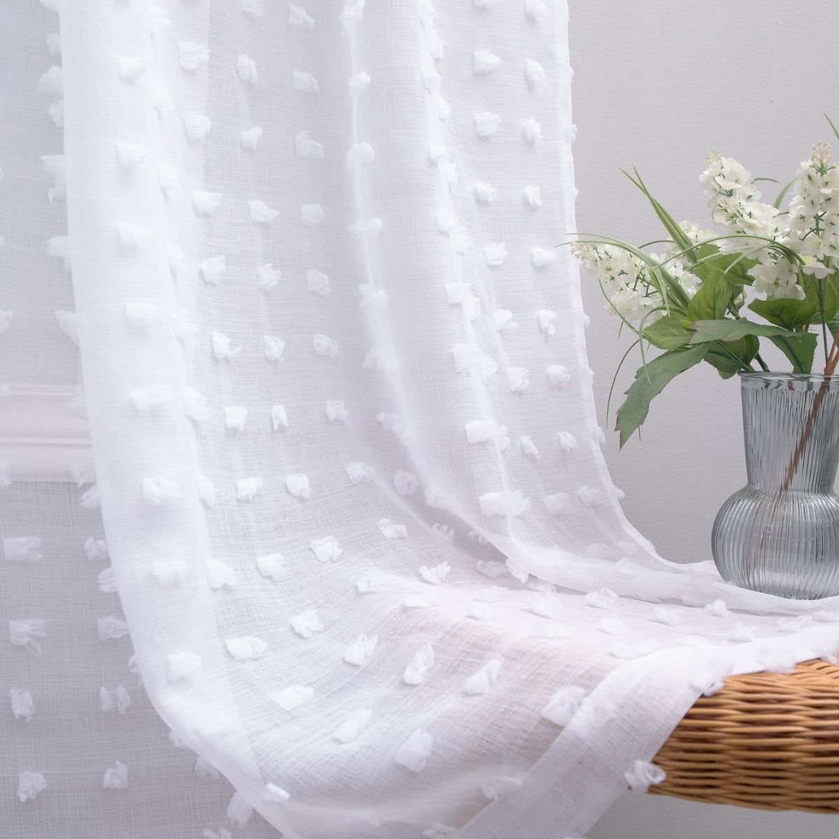 Koufall White Sheer Curtains 96 Inches Long For Living Room With Pattern Boho Design Pom Pom Back Tab Ceiling To Floor Length Cu