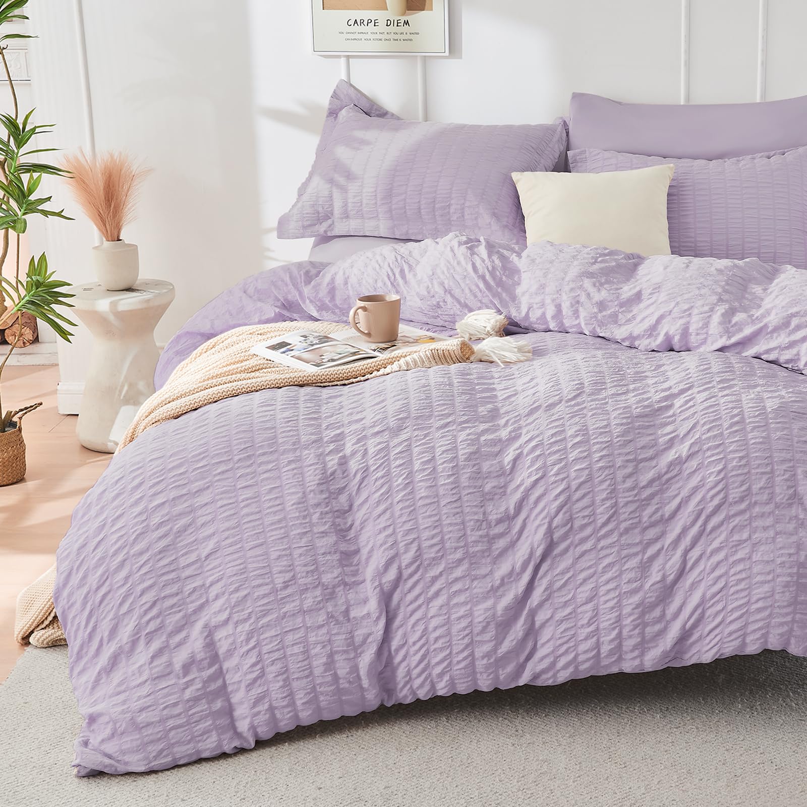 Hymokege Lavender King Size Comforter Set Seersucker 7 Pieces, All Season Luxury Bed In A Bag For Bedroom, Bedding Set With Comf