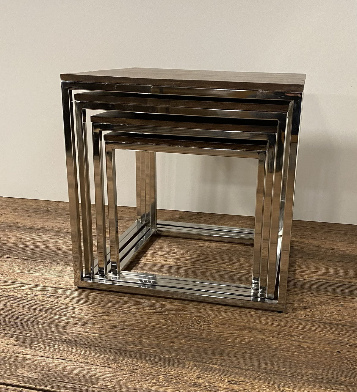 HomeRoots Acacia Wood and Stainless Steel Acacia Woo9d and Stainless Steel Set of 4 Modern Rustic Nesting Accent Tables