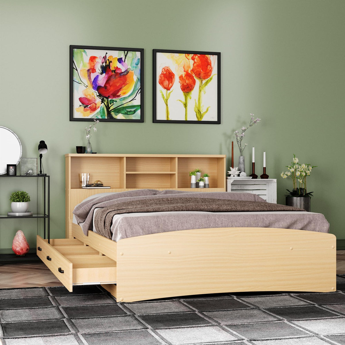 Captain Paltform Bed with 3 Drawers and Bookcase Headboard (Beech, Full)