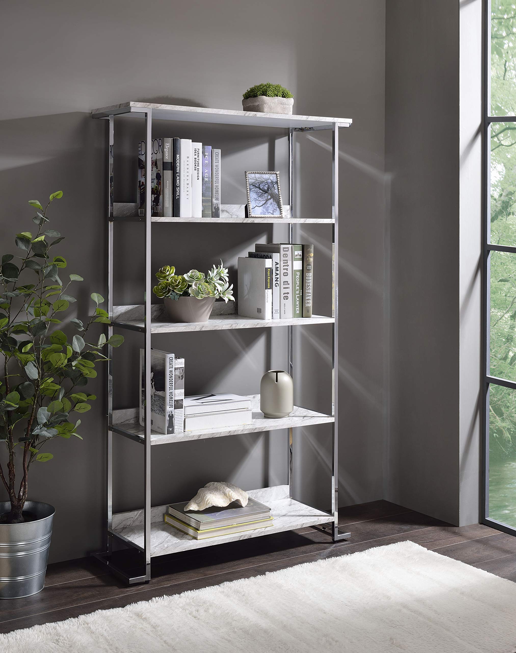 Acme Visage 5 Faux Marble Tiers Bookcase with Metal Frame in White and Chrome