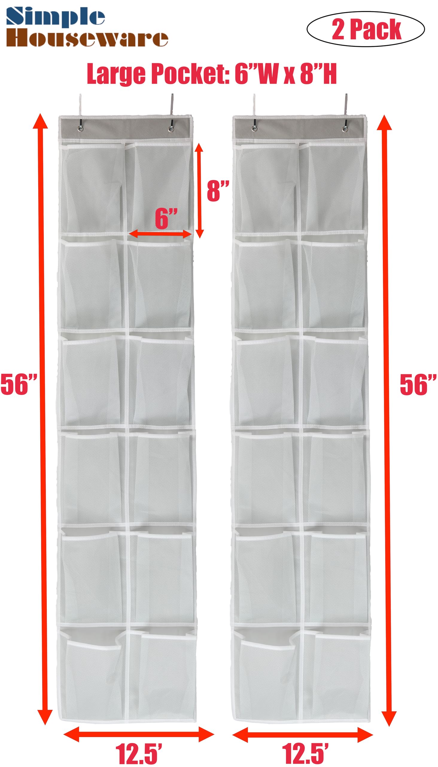 Simple Houseware 24 Pockets - 2Pk 12 Large Pockets Over Door Hanging Shoe Organizer, Grey