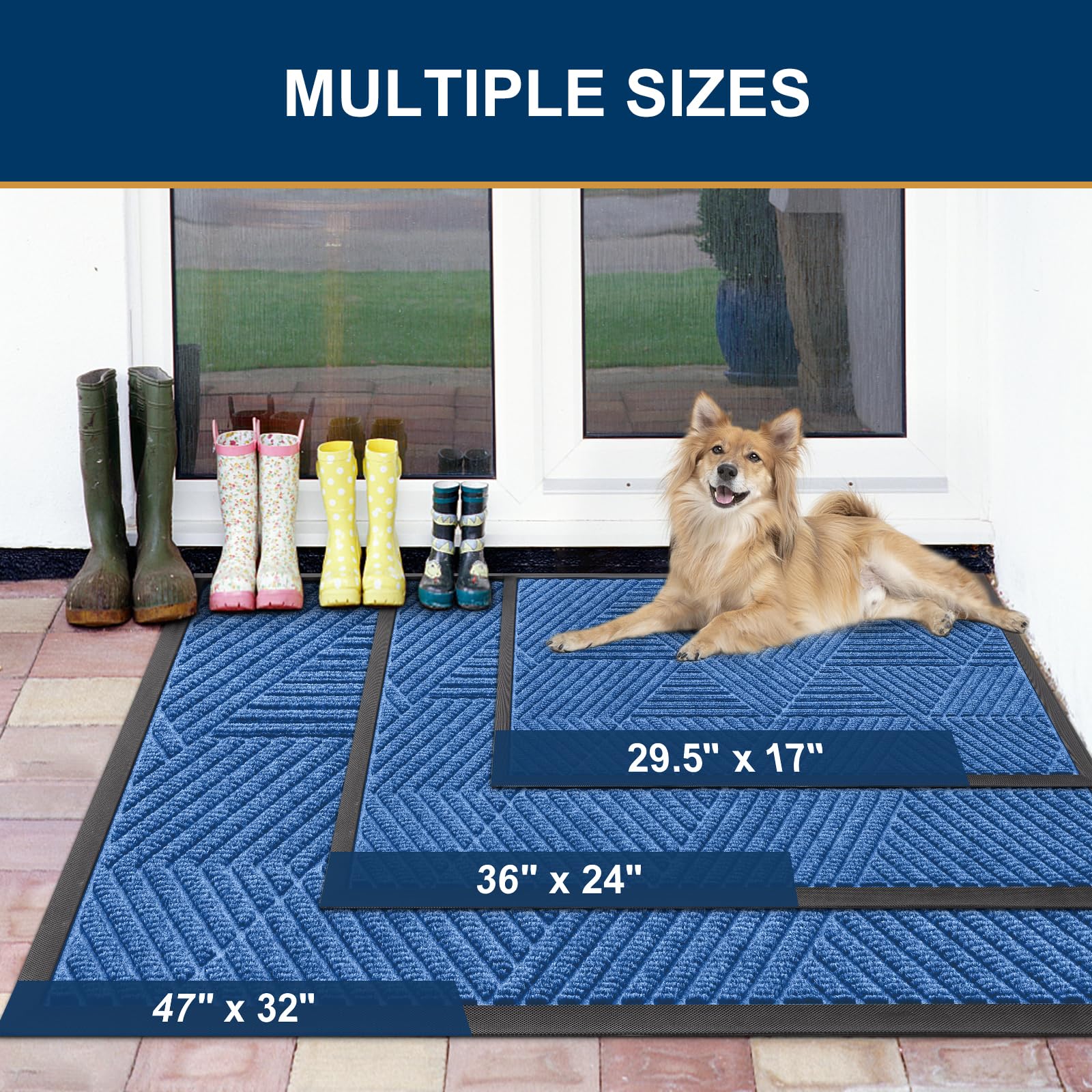 Smiry Front Door Mat Outside Entrance, Heavy Duty Sturdy Natural Rubber Doormat, Trap Dirt And Moisture, Easy Clean Low Profile Welcome Floor Mats For Indoor Outdoor Entry, 29.5X17 Inch, Blue