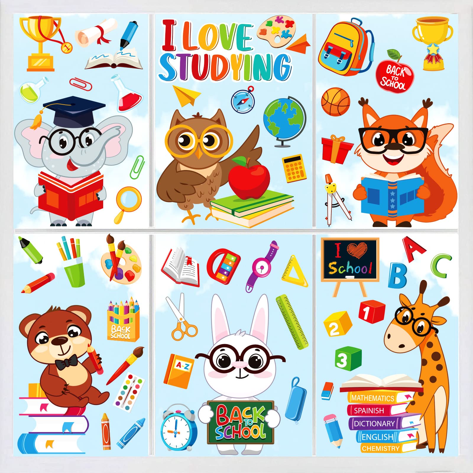 Whaline 9 Sheets Back to School Window Clings Cute Animals Window Stickers Elephant Owl Rabbit I Love Studying Window Decals for