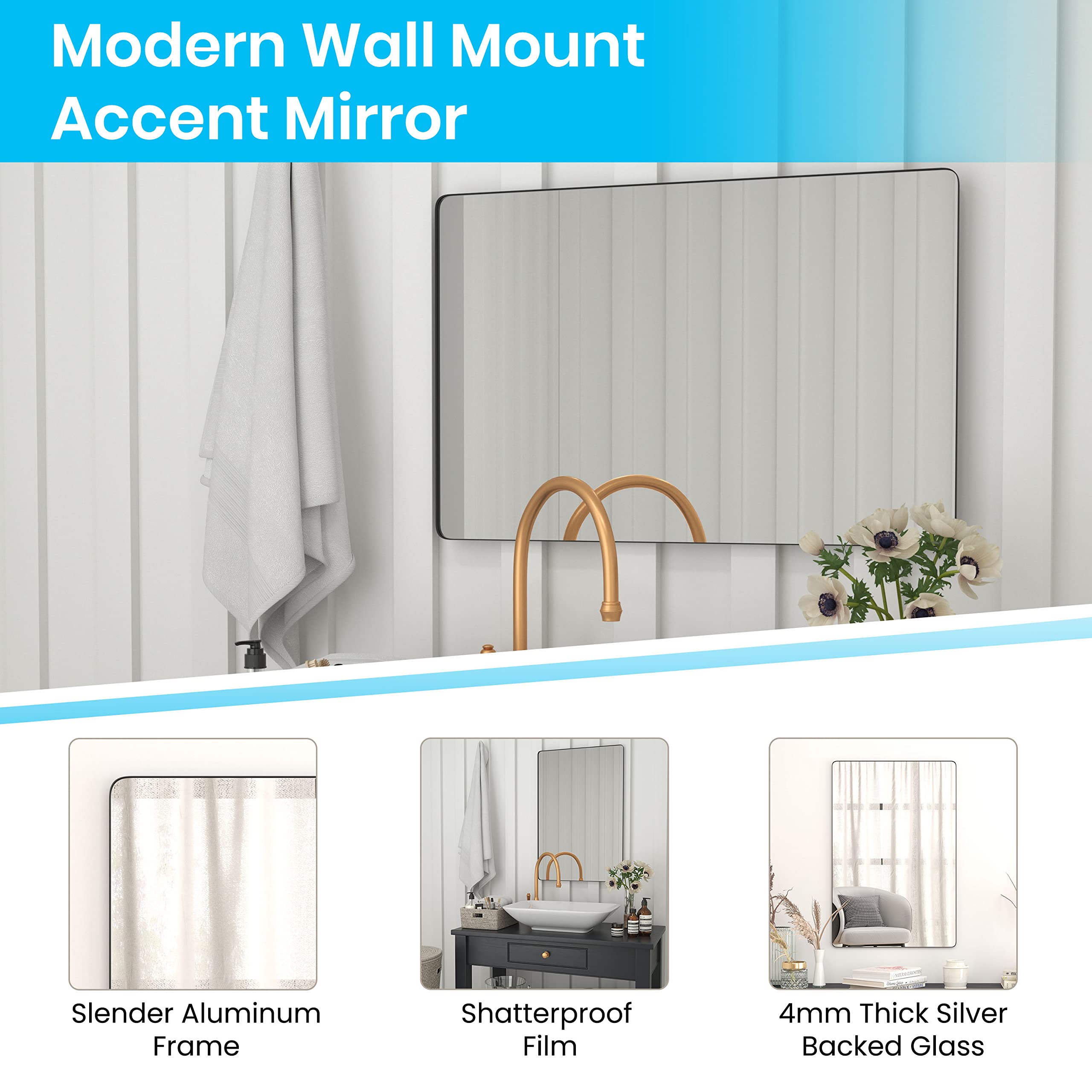 Flash Furniture Susan Large Rectangular Wall Mirror - Black Metal Frame - 24&quot; X 36&quot; Mirror For Bathroom, Vanity, Entryway, Dining Room, & Living Room