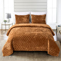 Fredsure Distressed Velvet Quilt Set, 3 Pieces Caramel Gold King, Distressed Velvet Face And Brushed Microfiber Reverse With Dia