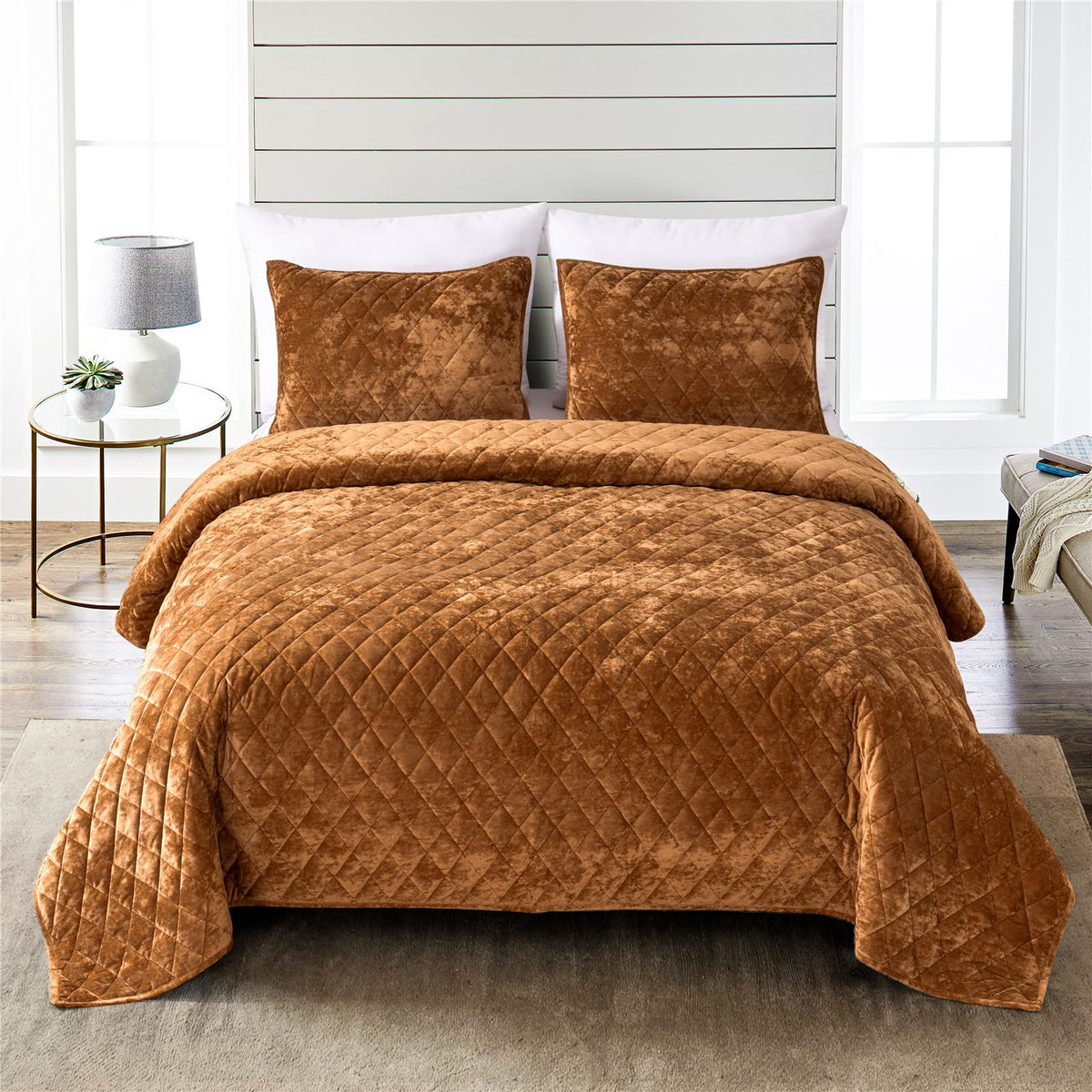 Fredsure Distressed Velvet Quilt Set, 3 Pieces Caramel Gold King, Distressed Velvet Face And Brushed Microfiber Reverse With Dia