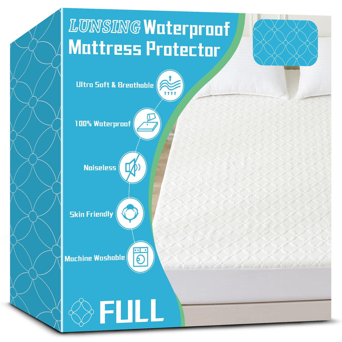 Lunsing Full Size Mattress Protector, Soft Breathable Waterproof Full Mattress Pad Cover, 6-16 In Deep Pockets, 54' X 75', Whi