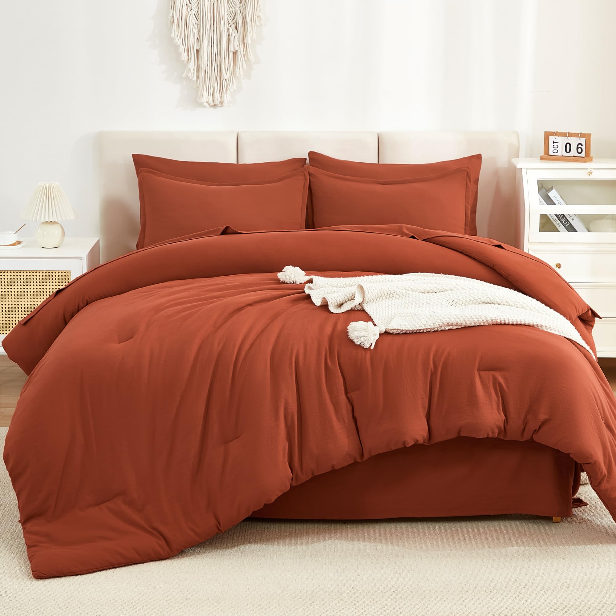 Litanika Burnt Orange Comforter King Size Set - 7 Pieces Terracotta Bed In A Bag King Beddding Comforter Sets, Plain Lightweight