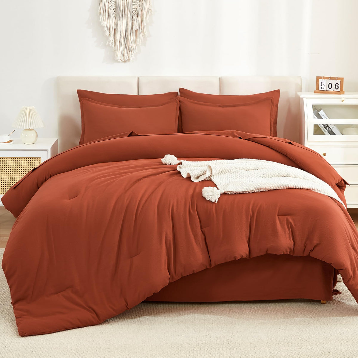 Litanika Burnt Orange Comforter Queen Size Set - 7 Pieces Terracotta Bed In A Bag Queen Beddding Comforter Sets, Plain Lightweig