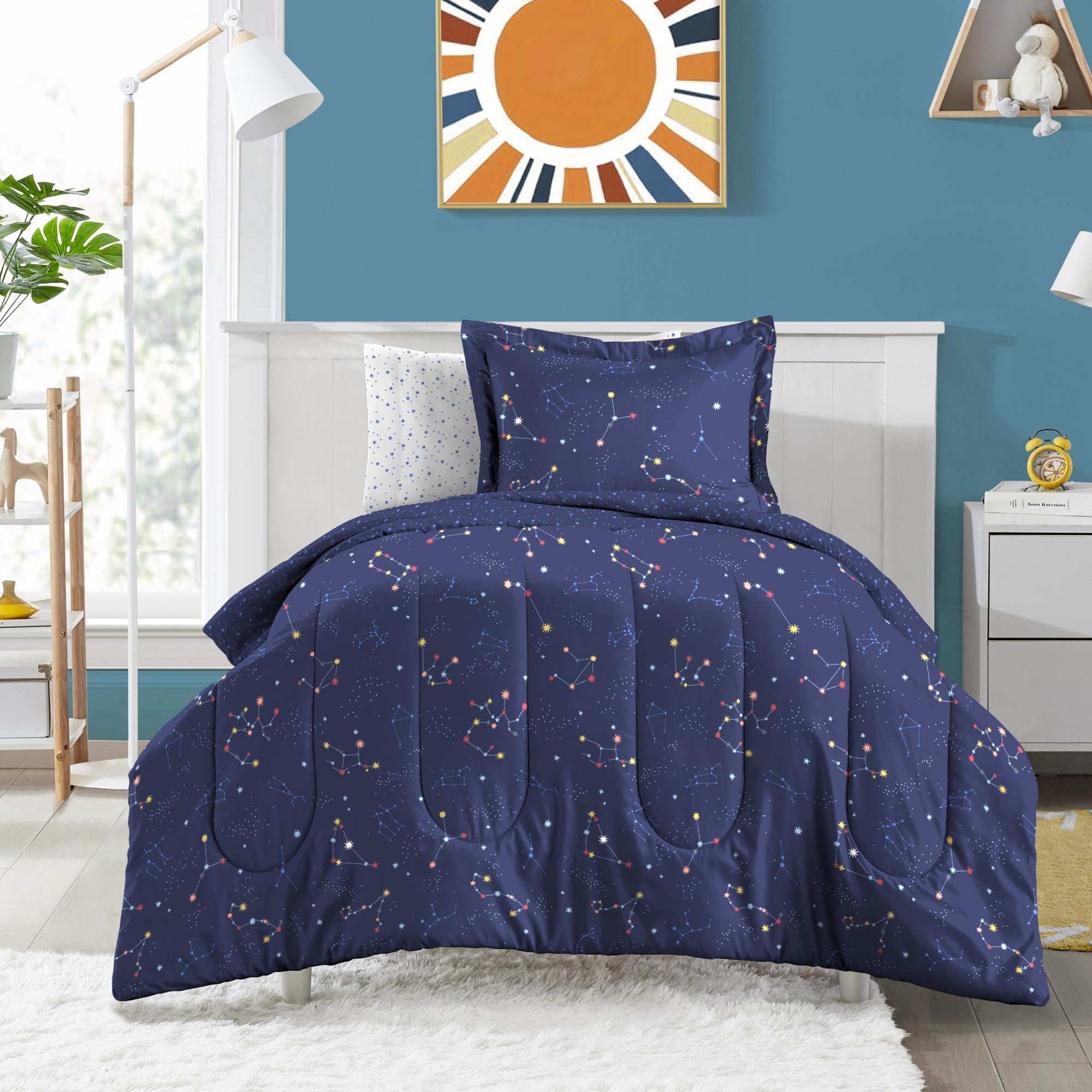 Dream Factory Kids 7-Piece Complete Bed Set Easy-Wash Super Soft Microfiber Comforter Bedding, Full, Navy Blue Zodiac