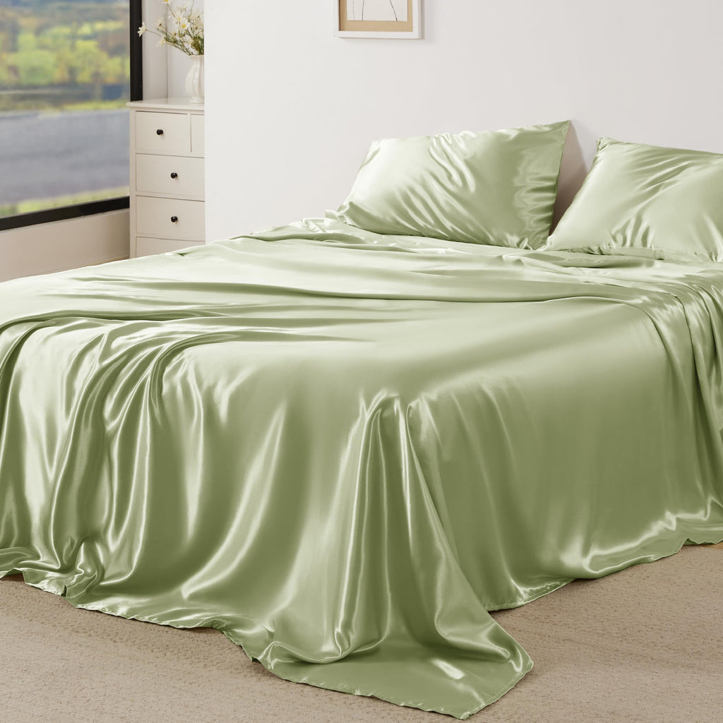 Bedsure Satin Sheets Queen Size - Similar To Silk Sheets, Silky Bedsheet, Luxury & Ultra Soft, Non-Fading & Wrinkle Free, Good For Hair & Skin, Gifts For Women, 4 Pieces, Sage Green