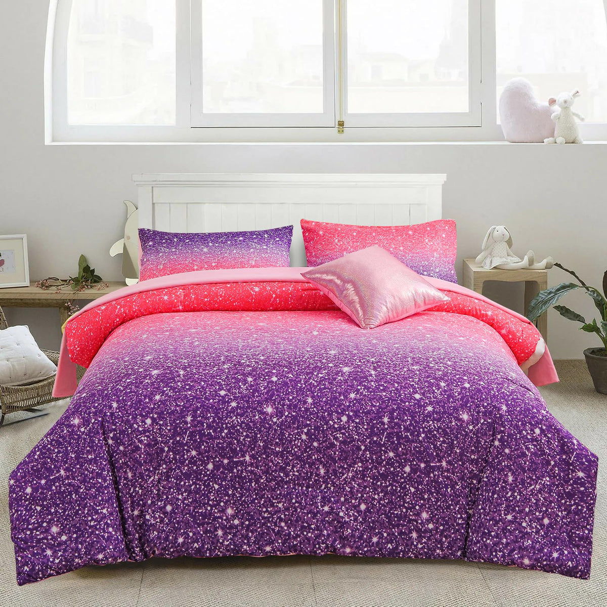 A Nice Night Girls Comforter Set Full 6 Piece Bed In A Bag 3D Colorful Sparkle Galaxy Rainbow Bedding Comforter Sheet Sets For K